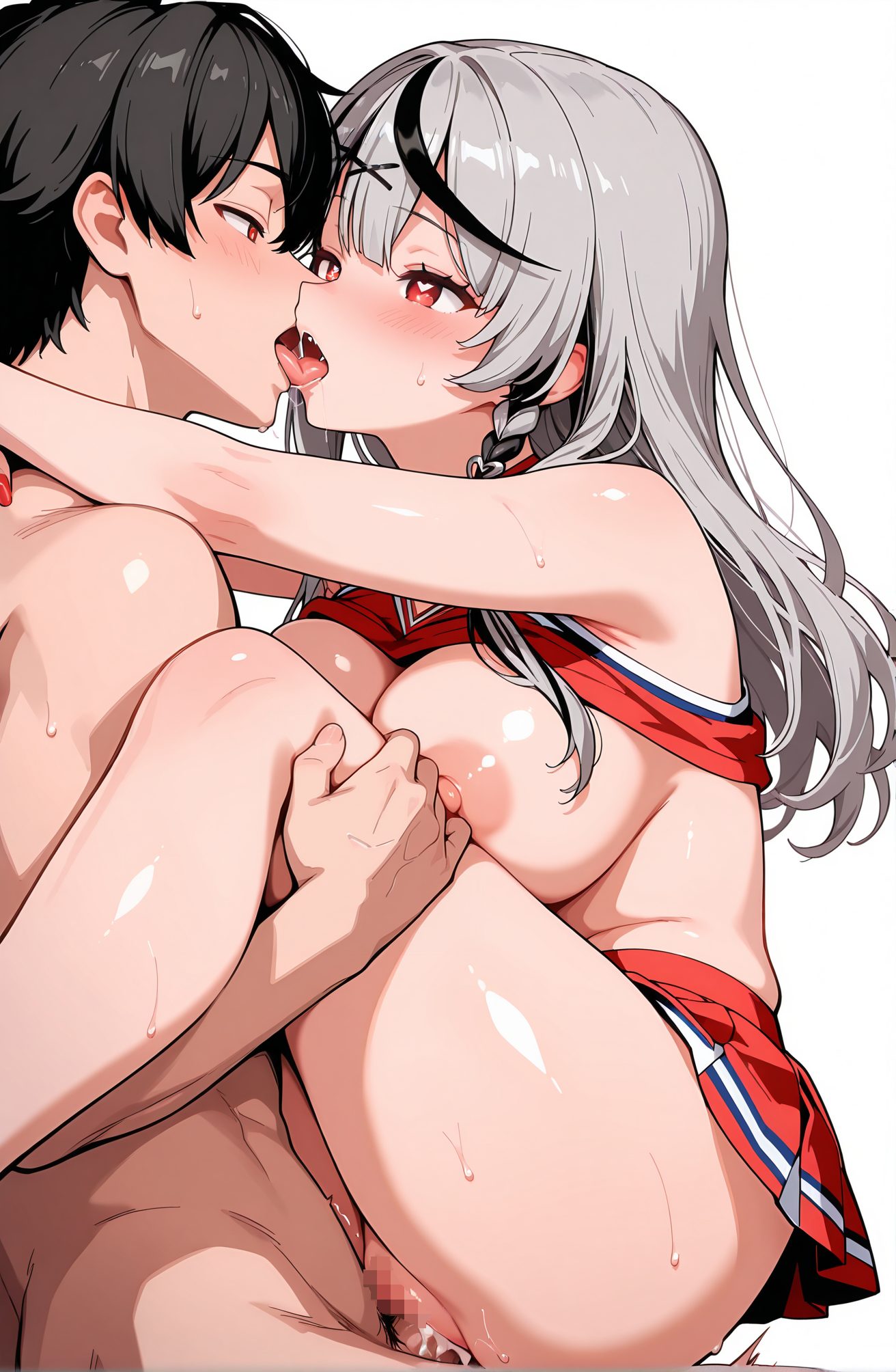 explicit, 1girl, long_hair, breasts, blush, open_mouth, bangs, skirt, large_breasts, simple_background, black_hair, hair_ornament, red_eyes, 1boy, white_background, nipples, braid, hetero, grey_hair, heart, thighs, multicolored_hair, sweat, pleated_skirt, censored, penis, pussy, tongue, virtual_youtuber, cum, sex, tongue_out, miniskirt, clothes_lift, looking_at_another, vaginal, streaked_hair, symbol-shaped_pupils, bar_censor, cum_in_pussy, red_skirt, shirt_lift, heart-shaped_pupils, x_hair_ornament, kiss, cheerleader, french_kiss, sakamata_chloe, 長い髪, 赤面, 口開き, 前髪, スカート, 大きな胸, 黒髪, 髪飾り, 赤い目, 乳首, 灰髪, 多色髪, 汗, バーチャルYouTuber, 精液, セックス, 舌出し, ミニスカート, 衣服たくし上げ, 膣内, 中出し, シャツたくし上げ, ハート目, 沙花叉クロヱ
