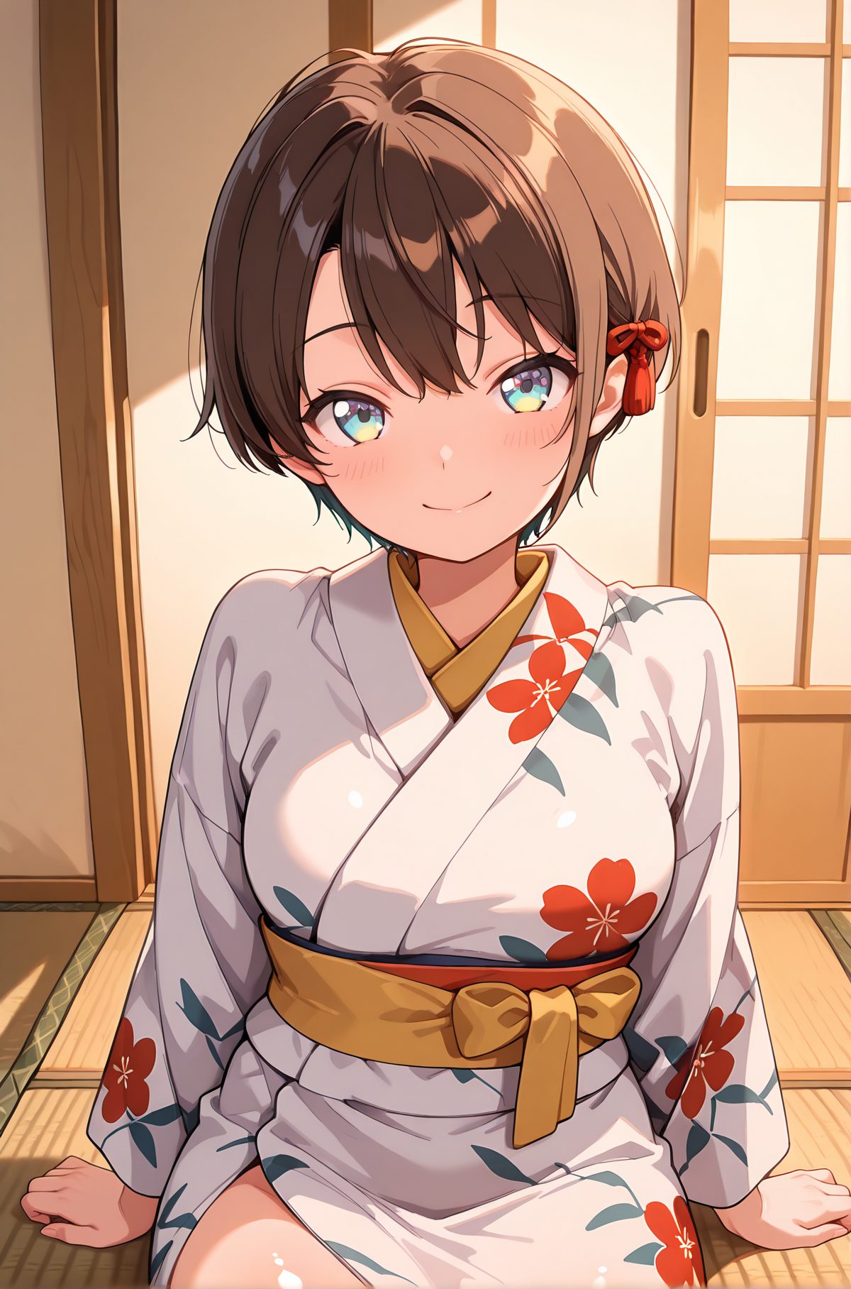 sensitive, 1girl, solo, breasts, looking_at_viewer, blush, smile, short_hair, bangs, blue_eyes, brown_hair, long_sleeves, ribbon, medium_breasts, sitting, closed_mouth, hair_ribbon, japanese_clothes, alternate_costume, indoors, virtual_youtuber, kimono, red_ribbon, sash, swept_bangs, arm_support, obi, floral_print, yukata, white_kimono, tatami, print_kimono, sliding_doors, oozora_subaru, 赤面, 笑顔, 短い髪, 前髪, 青い目, 茶髪, リボン, 中くらいの胸, 座り, 口閉じ, 髪リボン, 和服, バーチャルYouTuber, 赤リボン, 大空スバル