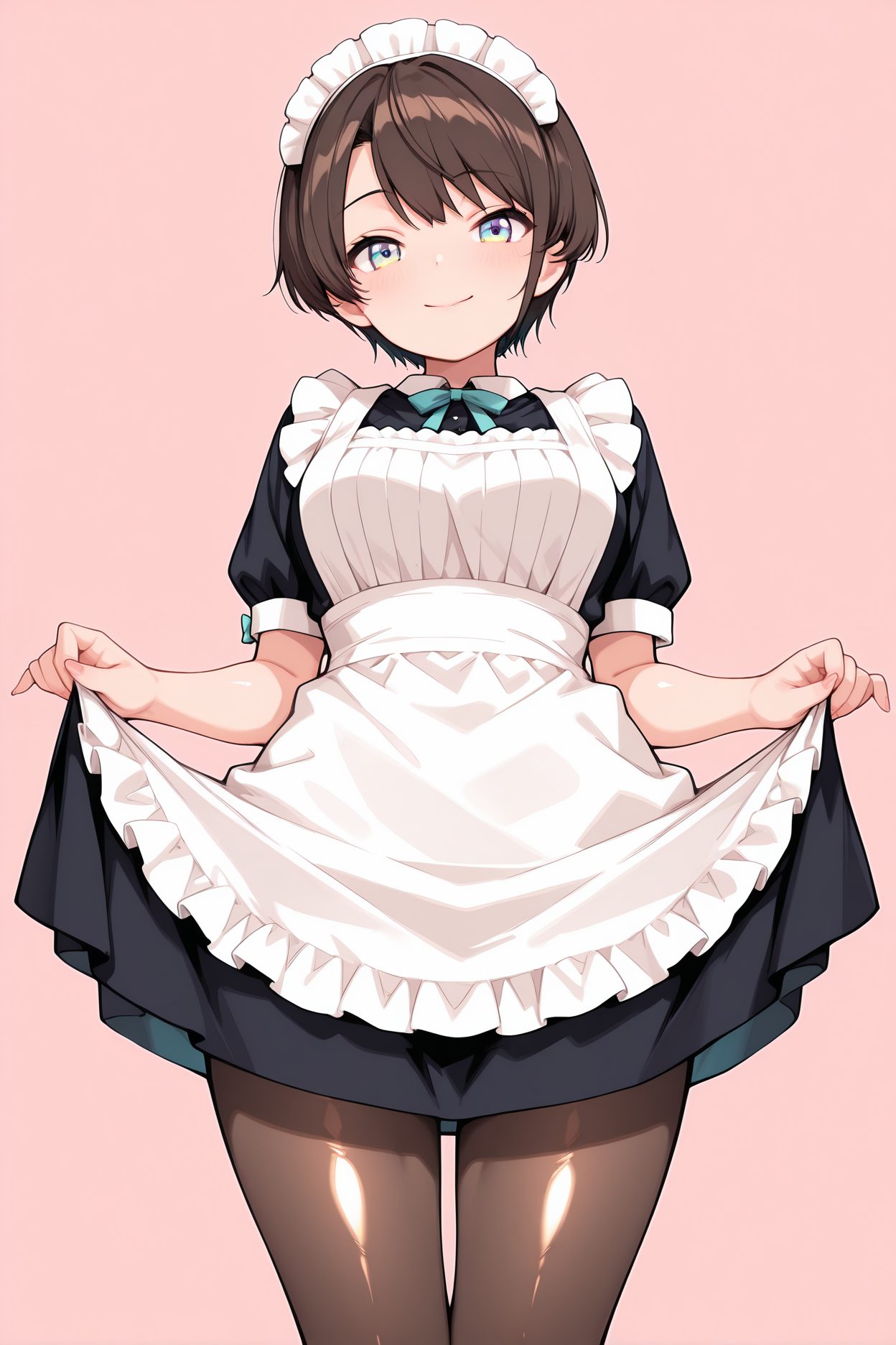 sensitive, 1girl, solo, breasts, looking_at_viewer, blush, smile, short_hair, bangs, blue_eyes, simple_background, brown_hair, dress, bow, medium_breasts, closed_mouth, short_sleeves, pantyhose, cowboy_shot, frills, alternate_costume, puffy_sleeves, virtual_youtuber, bowtie, clothes_lift, apron, black_dress, puffy_short_sleeves, black_pantyhose, maid, maid_headdress, swept_bangs, pink_background, white_apron, maid_apron, dress_lift, frilled_apron, brown_pantyhose, enmaided, skirt_hold, oozora_subaru, 赤面, 笑顔, 短い髪, 前髪, 青い目, 茶髪, ボウ, 中くらいの胸, 口閉じ, パンスト, バーチャルYouTuber, 衣服たくし上げ, 大空スバル, Posted