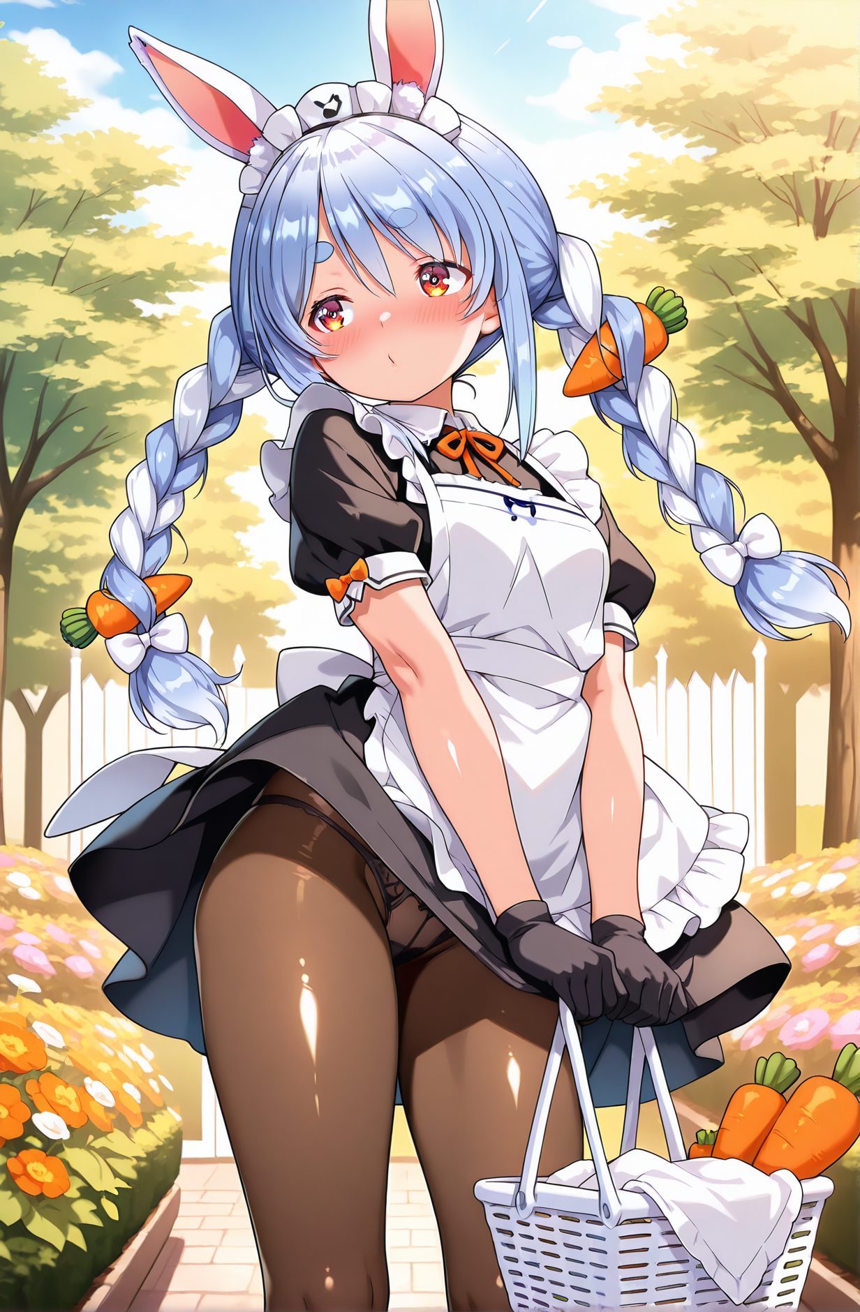 sensitive, 1girl, solo, long_hair, breasts, blush, bangs, hair_ornament, red_eyes, gloves, dress, bow, holding, animal_ears, twintails, closed_mouth, underwear, blue_hair, standing, panties, braid, flower, white_hair, short_sleeves, hair_bow, pantyhose, multicolored_hair, small_breasts, outdoors, frills, sky, alternate_costume, day, black_gloves, puffy_sleeves, virtual_youtuber, bag, rabbit_ears, apron, black_dress, twin_braids, two-tone_hair, tree, puffy_short_sleeves, orange_eyes, animal_ear_fluff, black_pantyhose, maid, maid_headdress, thick_eyebrows, wind, white_apron, maid_apron, panties_under_pantyhose, frilled_apron, brown_pantyhose, enmaided, short_eyebrows, wind_lift, food-themed_hair_ornament, carrot, carrot_hair_ornament, usada_pekora, 長い髪, 赤面, 前髪, 髪飾り, 赤い目, 手袋, ボウ, 動物耳, ツインテール, 口閉じ, 下着, 青髪, パンツ, 白髪, 髪ボウ, パンスト, 多色髪, 小さな胸, 黒手袋, バーチャルYouTuber, うさ耳, ツインブレイド, 兎田ぺこら