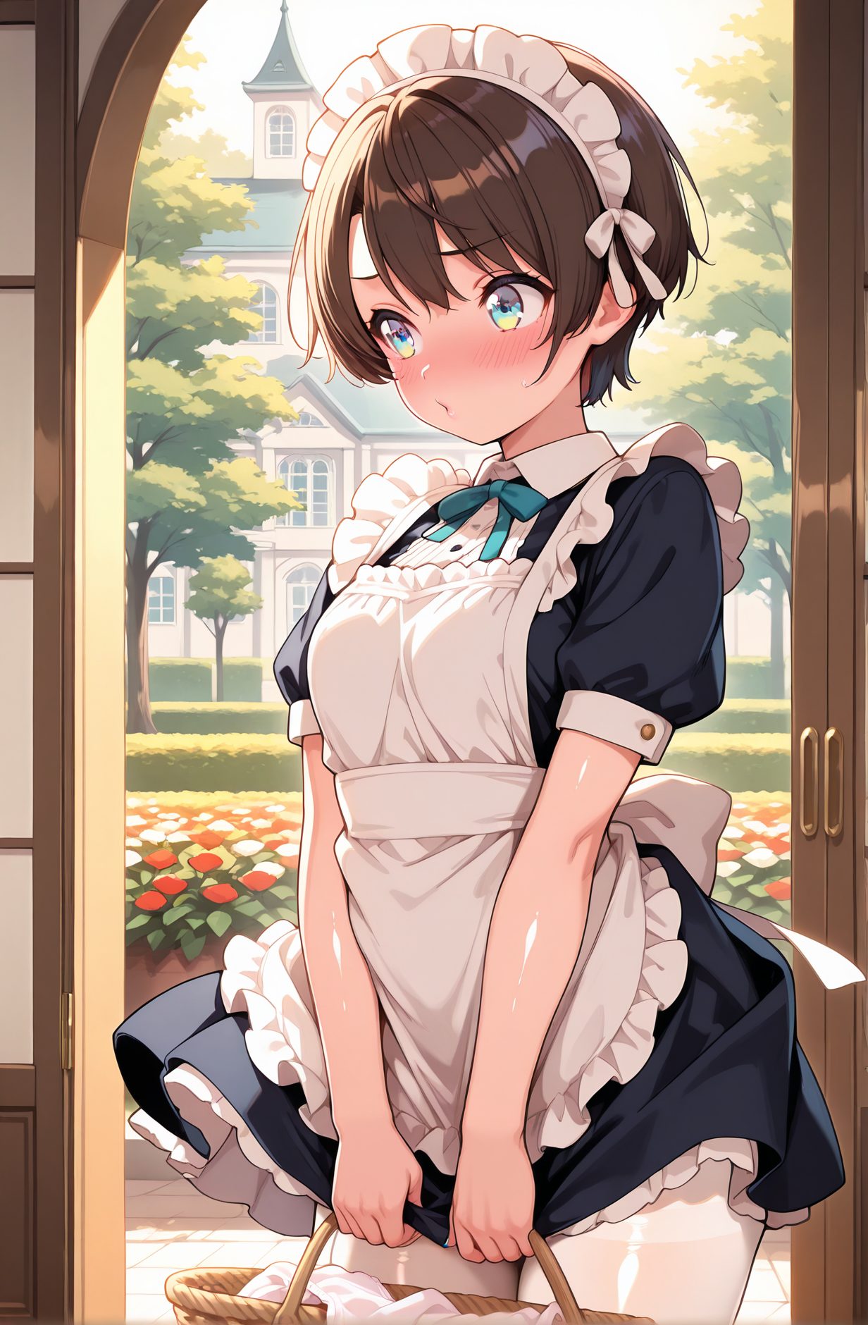 general, sensitive, 1girl, solo, breasts, blush, short_hair, bangs, blue_eyes, brown_hair, dress, bow, ribbon, holding, short_sleeves, pantyhose, cowboy_shot, sweat, outdoors, frills, alternate_costume, puffy_sleeves, virtual_youtuber, bowtie, apron, black_dress, tree, puffy_short_sleeves, maid, maid_headdress, neck_ribbon, swept_bangs, embarrassed, white_apron, maid_apron, white_pantyhose, frilled_apron, enmaided, basket, holding_basket, oozora_subaru, 赤面, 短い髪, 前髪, 青い目, 茶髪, ボウ, リボン, パンスト, 汗, バーチャルYouTuber, 大空スバル