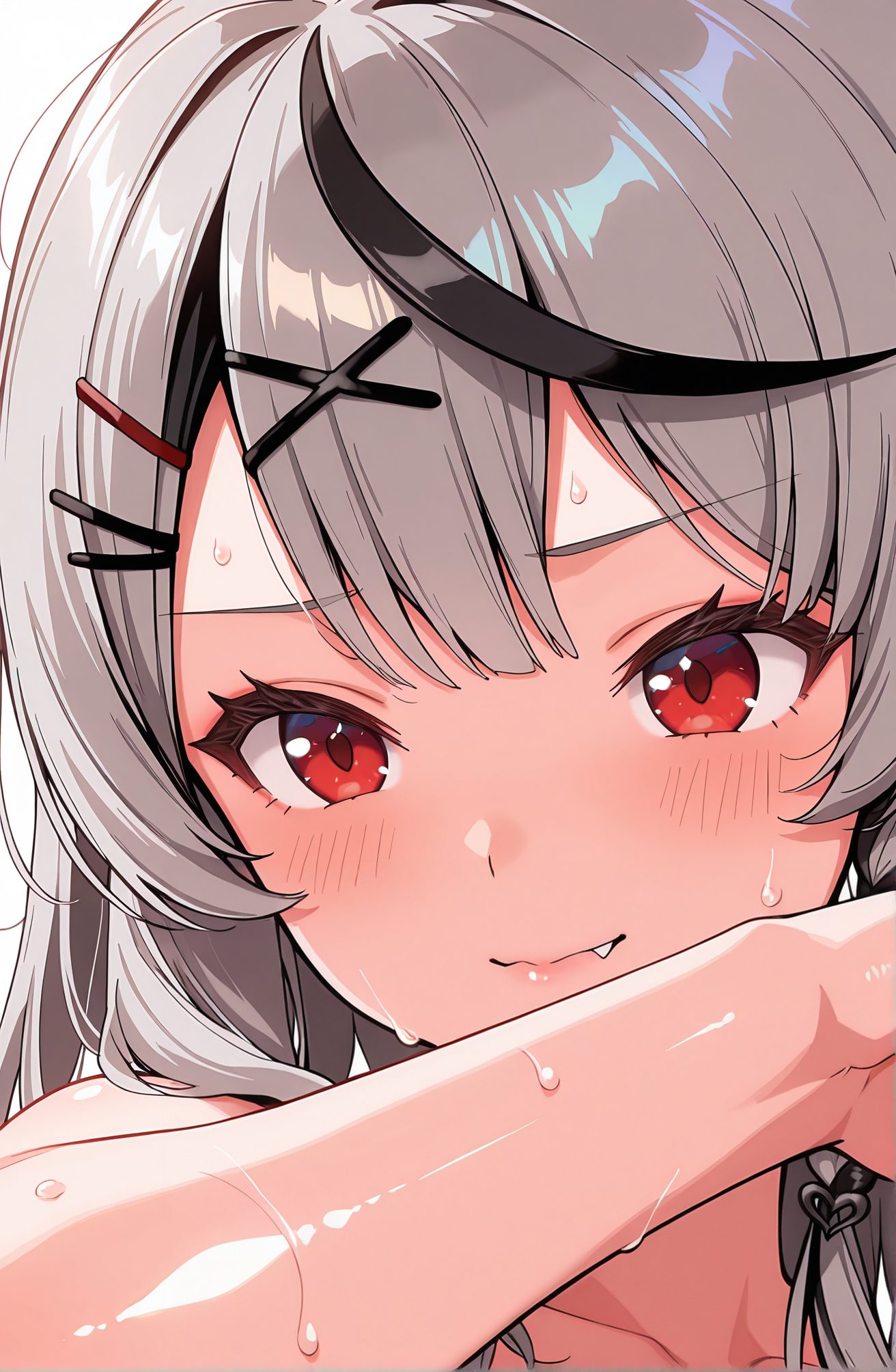 sensitive, 1girl, solo, looking_at_viewer, blush, smile, bangs, simple_background, black_hair, hair_ornament, red_eyes, white_background, closed_mouth, grey_hair, multicolored_hair, sweat, hairclip, fang, virtual_youtuber, streaked_hair, x_hair_ornament, portrait, close-up, skin_fang, fang_out, sakamata_chloe, 赤面, 笑顔, 前髪, 黒髪, 髪飾り, 赤い目, 口閉じ, 灰髪, 多色髪, 汗, ヘアクリップ, バーチャルYouTuber, 沙花叉クロヱ
