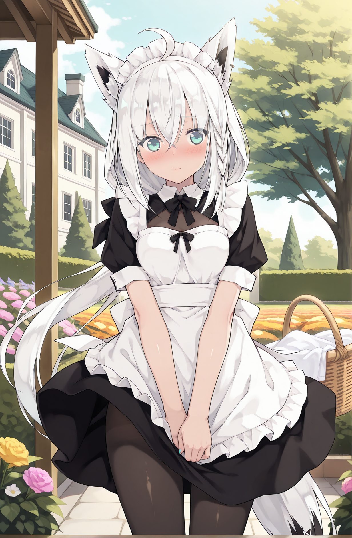 sensitive, 1girl, solo, long_hair, breasts, looking_at_viewer, blush, bangs, dress, animal_ears, hair_between_eyes, very_long_hair, green_eyes, tail, braid, flower, ahoge, white_hair, short_sleeves, pantyhose, sidelocks, outdoors, sky, alternate_costume, day, puffy_sleeves, virtual_youtuber, apron, black_dress, tree, animal_ear_fluff, black_pantyhose, maid, maid_headdress, fox_ears, single_braid, fox_tail, fox_girl, white_apron, maid_apron, enmaided, shirakami_fubuki, 長い髪, 赤面, 前髪, 動物耳, 目にかかる髪, とても長い髪, 緑の目, アホ毛, 白髪, パンスト, サイドロック, バーチャルYouTuber, 白上フブキ