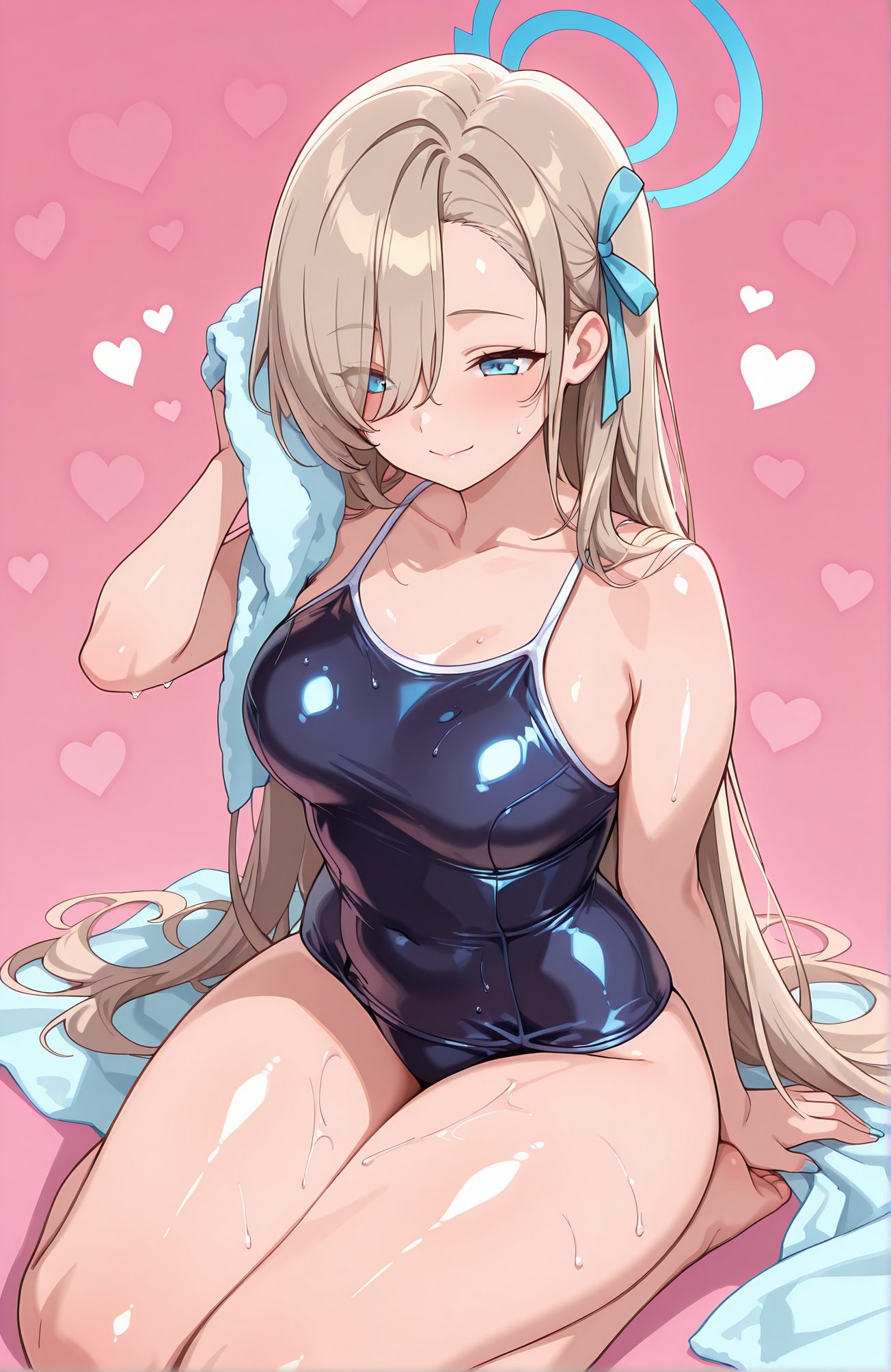 sensitive, 1girl, solo, long_hair, breasts, blush, smile, bangs, blue_eyes, large_breasts, simple_background, ribbon, bare_shoulders, sitting, very_long_hair, closed_mouth, collarbone, swimsuit, hair_ribbon, heart, thighs, barefoot, alternate_costume, shiny, hair_over_one_eye, wet, one-piece_swimsuit, bare_arms, bare_legs, covered_navel, swept_bangs, halo, pink_background, school_swimsuit, light_brown_hair, eyes_visible_through_hair, blue_ribbon, towel, seiza, shiny_clothes, blue_one-piece_swimsuit, competition_school_swimsuit, holding_towel, drying, asuna_(blue_archive), 長い髪, 赤面, 笑顔, 前髪, 青い目, 大きな胸, リボン, 肩出し, 座り, とても長い髪, 口閉じ, 鎖骨, 水着, 髪リボン, 光沢, ワンピース水着, 学校水着, 競泳用スクール水着, アスナ（ブルーアーカイブ）