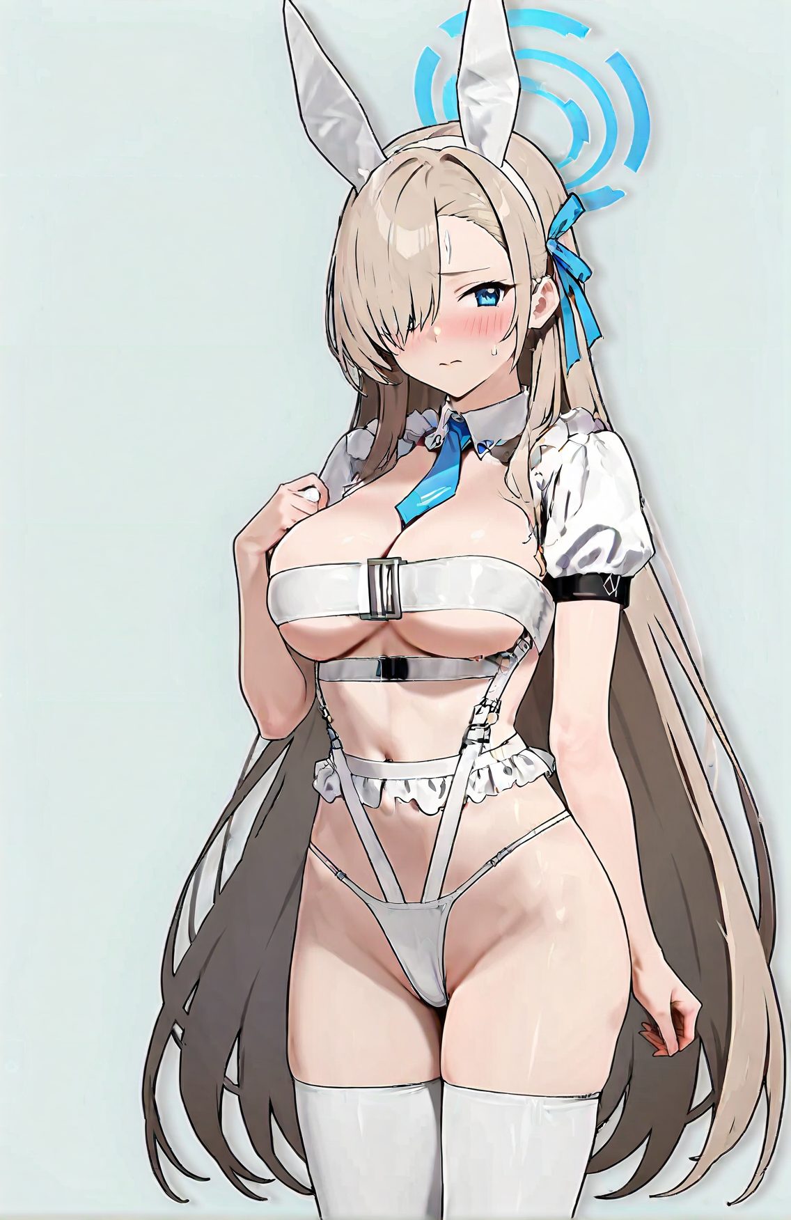 1girl, solo, long hair, breasts, halo, blue eyes, animal ears, thighhighs, blush, large breasts, asuna \(blue archive\), rabbit ears, hair over one eye, necktie, alternate costume, white thighhighs, fake animal ears, navel, very long hair, ribbon, closed mouth, short sleeves, stomach, hair ribbon, looking at viewer, puffy sleeves, blue necktie, sweatdrop, simple background, between breasts, bangs, frills, thighs, detached collar, puffy short sleeves, groin, cowboy shot, light brown hair, skindentation, underwear, brown hair, hand up, buckle, shrug \(clothing\), white collar, blue ribbon, hairband, 赤面, 恥じらい, 獣耳, フリル, 下着, 巨乳, ロングヘア, ぱっつん, うさ耳, アングル, 長い髪, 青い目, 動物耳, 太ももハイソックス, 大きな胸, アスナ（ブルーアーカイブ）, 偽動物耳, とても長い髪, リボン, 口閉じ, 髪リボン, 汗滴, 前髪, 茶髪, ヘアバンド