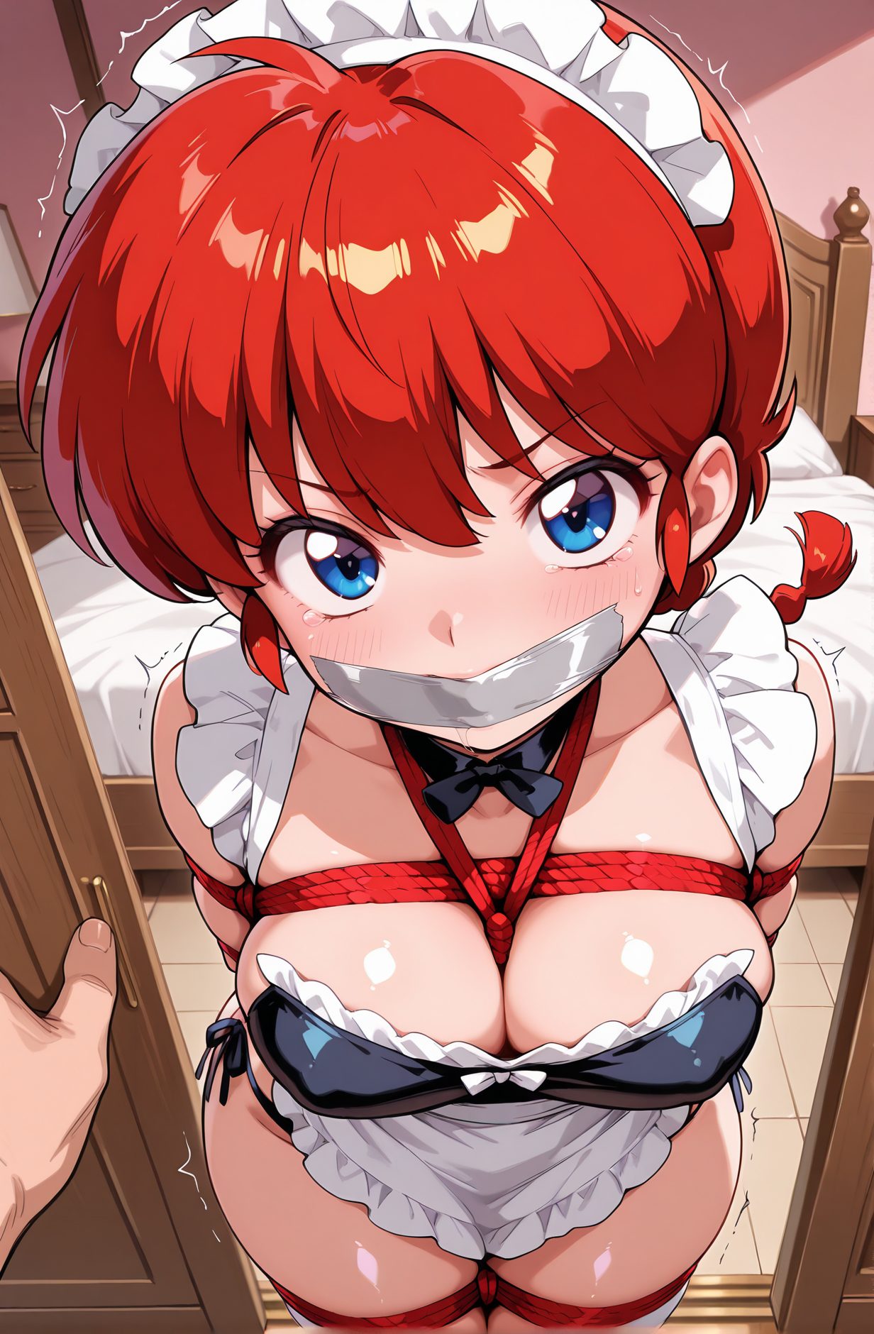 questionable, 1girl, long_hair, breasts, looking_at_viewer, blush, bangs, blue_eyes, large_breasts, thighhighs, 1boy, bow, cleavage, hair_between_eyes, bare_shoulders, medium_breasts, standing, collarbone, swimsuit, braid, hetero, bikini, red_hair, frills, solo_focus, alternate_costume, shiny, indoors, tears, bowtie, apron, shiny_hair, v-shaped_eyebrows, shiny_skin, maid, maid_headdress, single_braid, bed, black_bow, skindentation, detached_collar, black_bikini, side-tie_bikini_bottom, pov, arms_behind_back, bound, trembling, bdsm, bondage, rope, white_apron, maid_apron, frilled_apron, braided_ponytail, black_bowtie, enmaided, gag, gagged, pov_hands, shibari, bound_arms, red_rope, improvised_gag, crotch_rope, shibari_over_clothes, tape_gag, ranma-chan, 長い髪, 赤面, 前髪, 青い目, 大きな胸, 太ももハイソックス, ボウ, 目にかかる髪, 肩出し, 中くらいの胸, 鎖骨, 水着, ビキニ, 赤髪, 光沢, 涙, 光沢肌, 震え, らんまちゃん（女らんま）