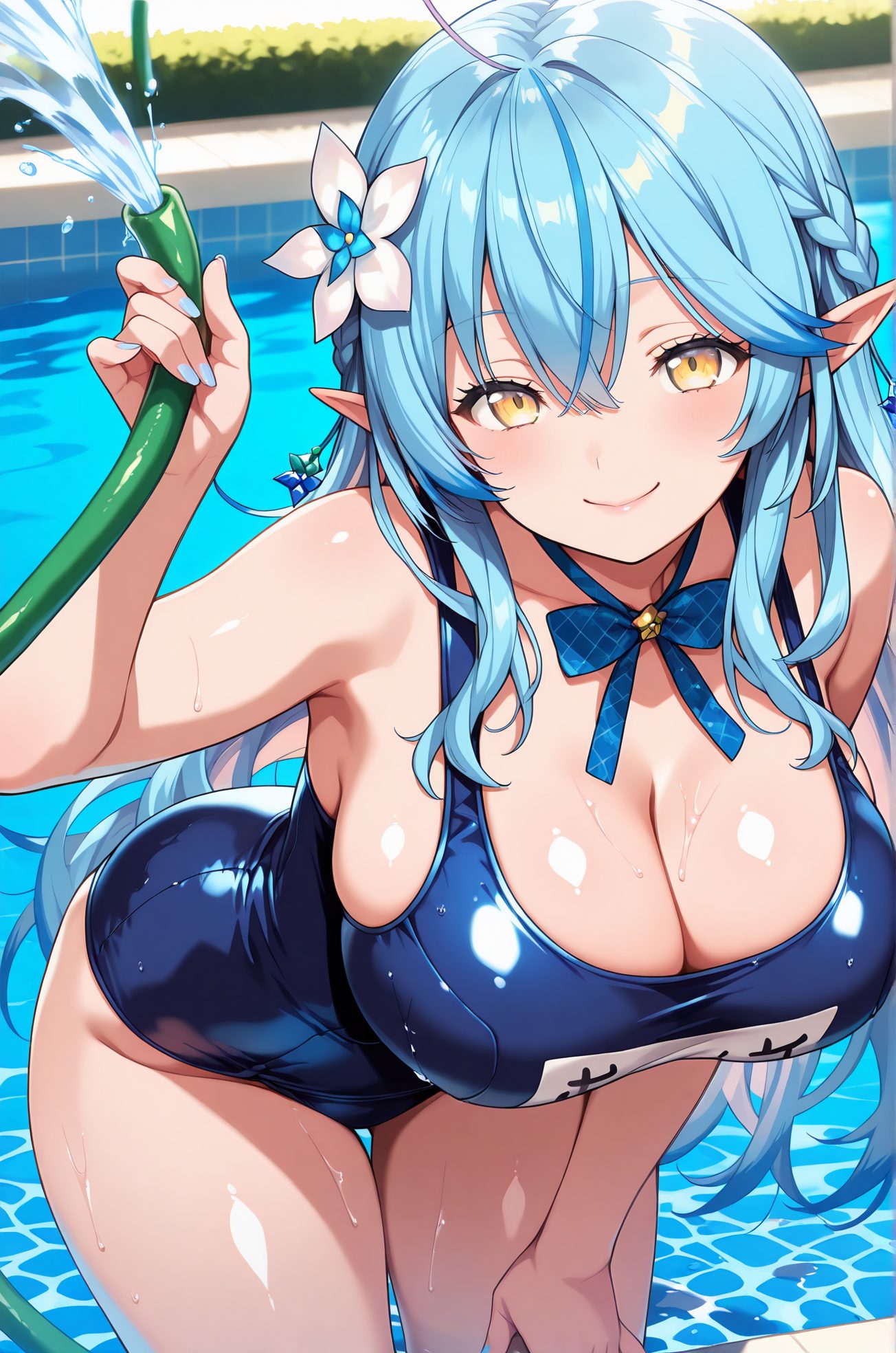 sensitive, 1girl, solo, long_hair, breasts, looking_at_viewer, blush, smile, bangs, large_breasts, hair_ornament, bow, holding, cleavage, hair_between_eyes, closed_mouth, blue_hair, swimsuit, yellow_eyes, braid, flower, ahoge, heart, thighs, multicolored_hair, outdoors, pointy_ears, shiny, virtual_youtuber, hair_flower, bowtie, water, nail_polish, streaked_hair, wet, one-piece_swimsuit, shiny_skin, skindentation, leaning_forward, blue_bow, school_swimsuit, white_flower, elf, wet_clothes, blue_nails, shiny_clothes, blue_one-piece_swimsuit, pool, colored_tips, heart_ahoge, hose, pool_ladder, yukihana_lamy, 長い髪, 赤面, 笑顔, 前髪, 大きな胸, 髪飾り, ボウ, 目にかかる髪, 口閉じ, 青髪, 水着, アホ毛, 多色髪, 光沢, バーチャルYouTuber, 髪の花, ワンピース水着, 光沢肌, 学校水着, 雪花ラミィ, Posted, 雪花ラミィ_posted