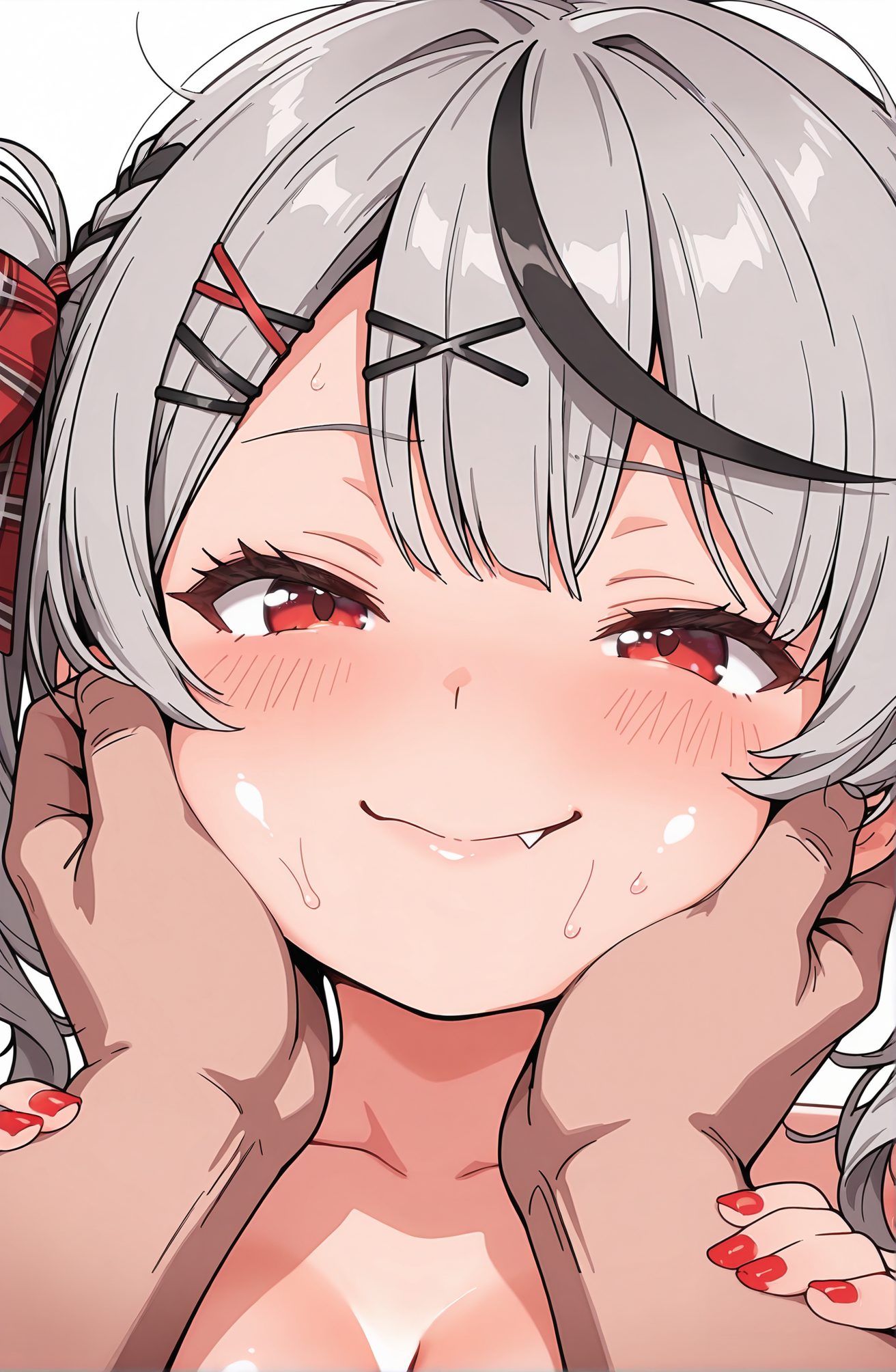 sensitive, 1girl, breasts, looking_at_viewer, blush, smile, bangs, simple_background, black_hair, hair_ornament, red_eyes, 1boy, white_background, bow, cleavage, closed_mouth, hetero, grey_hair, multicolored_hair, sweat, solo_focus, hairclip, fang, virtual_youtuber, nail_polish, streaked_hair, pov, x_hair_ornament, red_nails, pov_hands, fang_out, hands_on_another's_face, cheek_squash, sakamata_chloe, 赤面, 笑顔, 前髪, 黒髪, 髪飾り, 赤い目, ボウ, 口閉じ, 灰髪, 多色髪, 汗, ヘアクリップ, バーチャルYouTuber, 沙花叉クロヱ, 沙花叉クロヱ_posted
