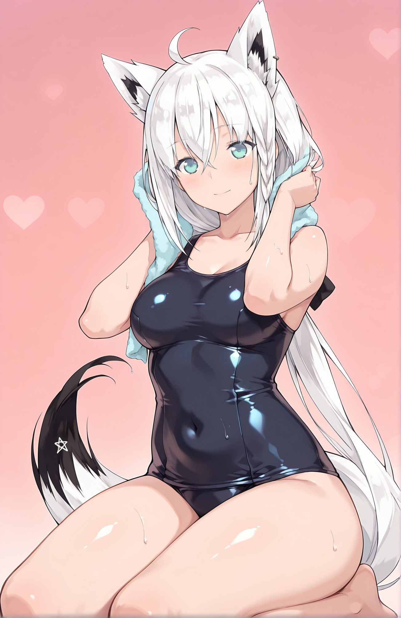 sensitive, 1girl, solo, long_hair, breasts, looking_at_viewer, blush, smile, bangs, simple_background, animal_ears, hair_between_eyes, medium_breasts, sitting, very_long_hair, closed_mouth, collarbone, tail, swimsuit, braid, ahoge, white_hair, thighs, barefoot, shiny, virtual_youtuber, aqua_eyes, wet, animal_ear_fluff, gradient, one-piece_swimsuit, fox_ears, gradient_background, covered_navel, fox_tail, pink_background, school_swimsuit, towel, fox_girl, ear_piercing, seiza, low_ponytail, shiny_clothes, black_one-piece_swimsuit, drying, shirakami_fubuki, 長い髪, 赤面, 笑顔, 前髪, 動物耳, 目にかかる髪, 中くらいの胸, 座り, とても長い髪, 口閉じ, 鎖骨, 水着, アホ毛, 白髪, 光沢, バーチャルYouTuber, ワンピース水着, 学校水着, 白上フブキ