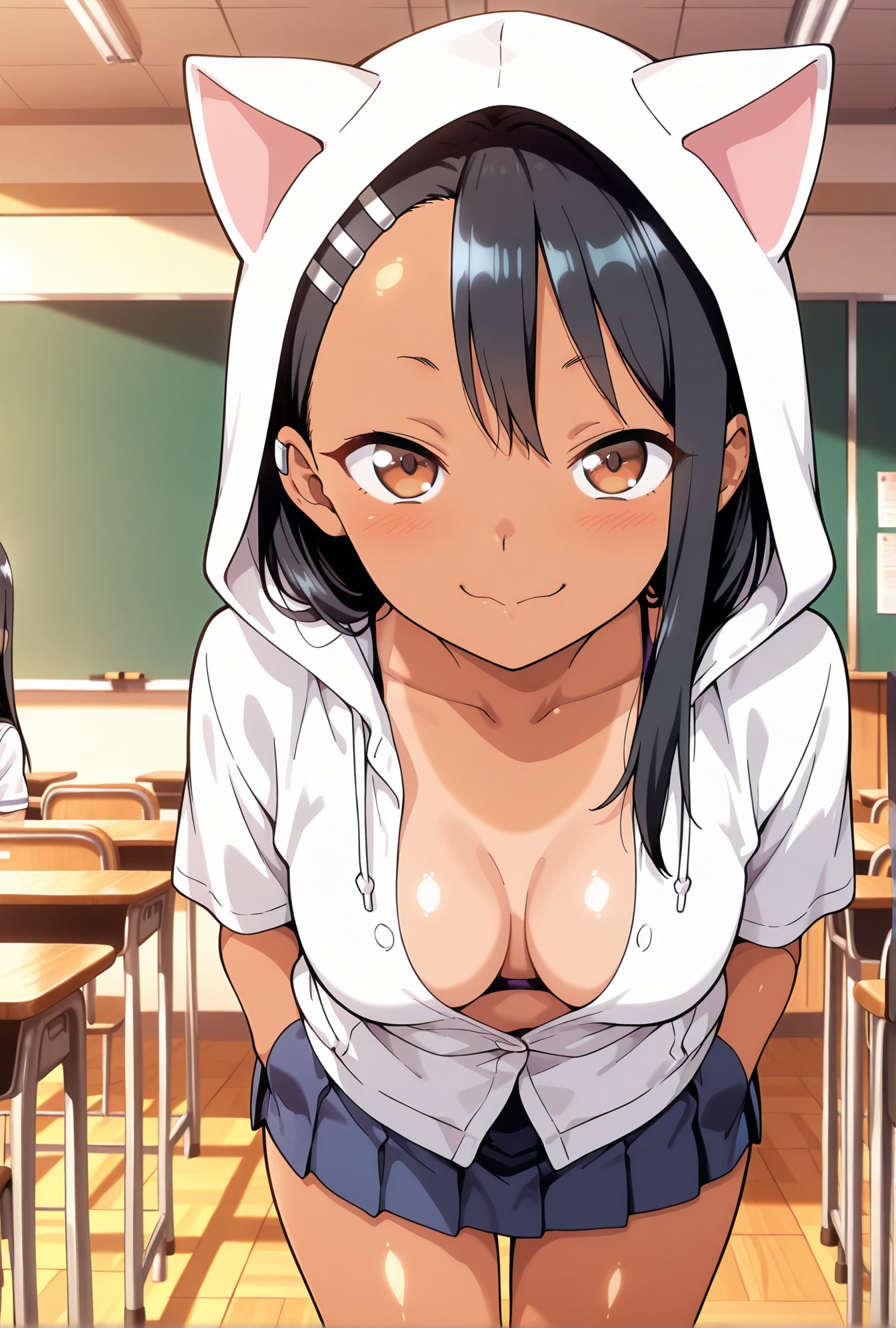 sensitive, 1girl, solo, long_hair, breasts, looking_at_viewer, blush, smile, bangs, skirt, shirt, black_hair, hair_ornament, animal_ears, cleavage, brown_eyes, medium_breasts, closed_mouth, school_uniform, collarbone, swimsuit, white_shirt, short_sleeves, bikini, cowboy_shot, pleated_skirt, solo_focus, hairclip, indoors, cat_ears, dark_skin, hood, dark-skinned_female, blue_skirt, shiny_skin, hoodie, fake_animal_ears, tan, skin_fang, tanlines, animal_hood, hands_in_pockets, classroom, one-piece_tan, chalkboard, downblouse, nagatoro_hayase, 日焼け, 褐色肌, 制服, 水着, 胸チラ, Tシャツ, うさ耳, スカート, ぱっつん, 夏, 獣耳, 長い髪, 赤面, 笑顔, 前髪, シャツ, 黒髪, 髪飾り, 動物耳, 中くらいの胸, 口閉じ, 学校制服, 鎖骨, 白シャツ, ビキニ, ヘアクリップ, 光沢肌, パーカー, 偽動物耳, 日焼け跡, 一枚水着の日焼け, 長瀞早瀬, 褐色女性