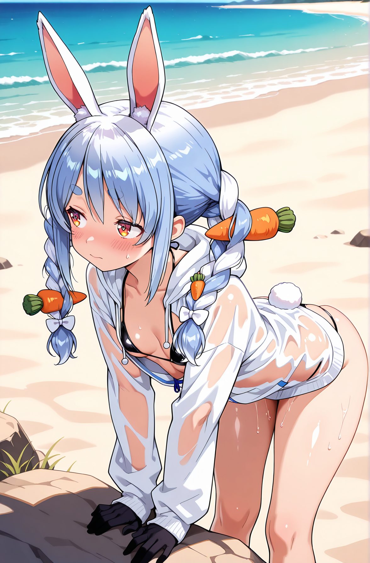 sensitive, 1girl, solo, long_hair, breasts, blush, bangs, hair_ornament, red_eyes, gloves, long_sleeves, bow, animal_ears, twintails, closed_mouth, blue_hair, standing, jacket, tail, swimsuit, ass, braid, white_hair, hair_bow, bikini, multicolored_hair, small_breasts, outdoors, sky, day, black_gloves, virtual_youtuber, hood, water, rabbit_ears, twin_braids, two-tone_hair, wet, orange_eyes, animal_ear_fluff, see-through, looking_to_the_side, symbol-shaped_pupils, hoodie, leaning_forward, black_bikini, ocean, embarrassed, looking_away, beach, thick_eyebrows, hood_down, bent_over, rabbit_tail, wet_clothes, micro_bikini, extra_ears, rock, short_eyebrows, sand, rabbit_girl, food-themed_hair_ornament, bikini_under_clothes, carrot, carrot_hair_ornament, bunny-shaped_pupils, usada_pekora, 長い髪, 赤面, 前髪, 髪飾り, 赤い目, 手袋, ボウ, 動物耳, ツインテール, 口閉じ, 青髪, 水着, 白髪, 髪ボウ, ビキニ, 多色髪, 小さな胸, 黒手袋, バーチャルYouTuber, うさ耳, ツインブレイド, パーカー, マイクロビキニ, 兎田ぺこら