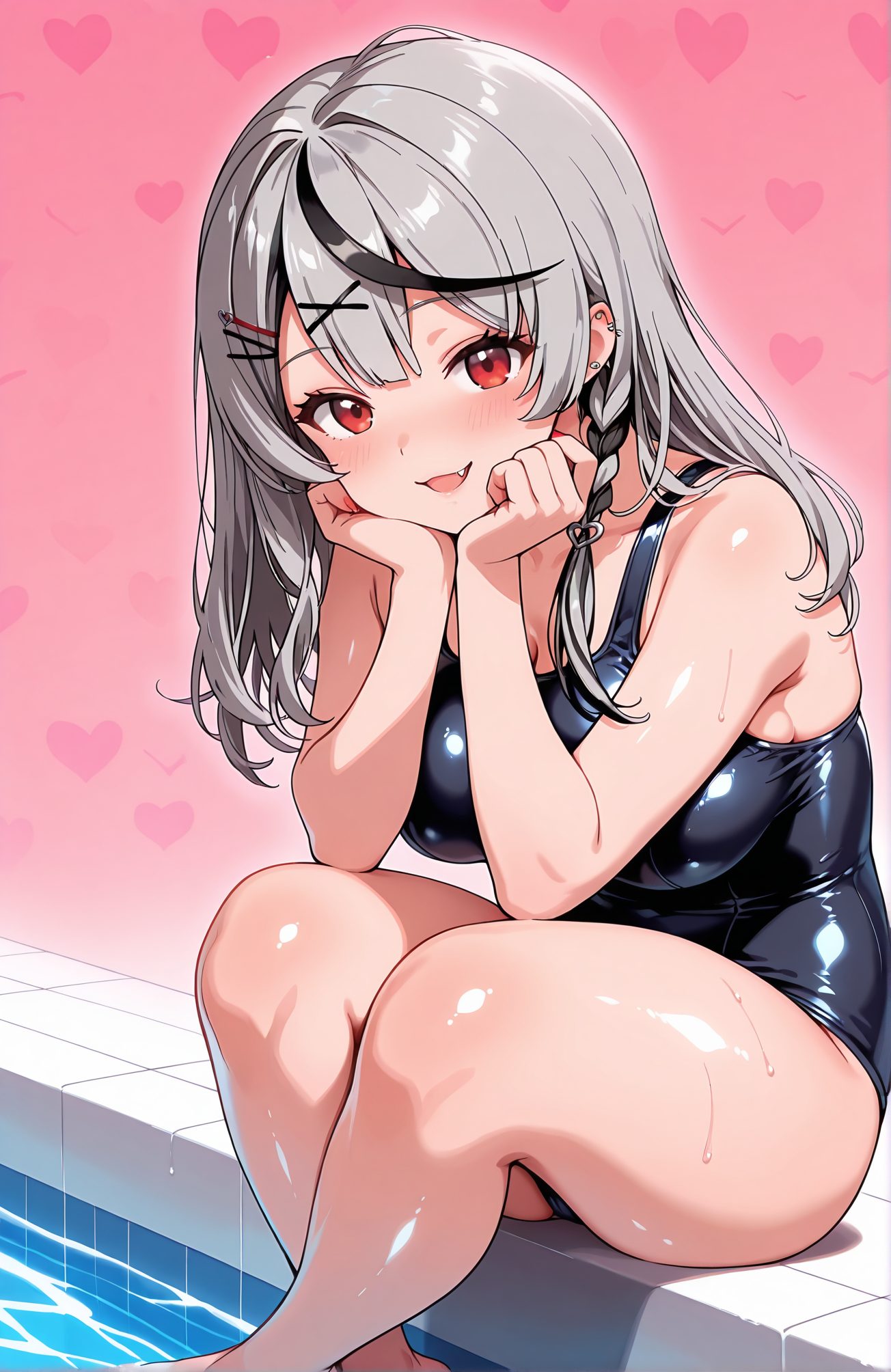 sensitive, 1girl, solo, long_hair, breasts, looking_at_viewer, blush, smile, open_mouth, bangs, large_breasts, black_hair, hair_ornament, red_eyes, sitting, swimsuit, braid, :d, grey_hair, thighs, multicolored_hair, barefoot, hairclip, fang, shiny, virtual_youtuber, water, streaked_hair, wet, one-piece_swimsuit, piercing, pink_background, school_swimsuit, x_hair_ornament, ear_piercing, shiny_clothes, head_rest, black_one-piece_swimsuit, pool, soaking_feet, poolside, sakamata_chloe, 長い髪, 赤面, 笑顔, 口開き, 前髪, 大きな胸, 黒髪, 髪飾り, 赤い目, 座り, 水着, 灰髪, 多色髪, ヘアクリップ, 光沢, バーチャルYouTuber, ワンピース水着, 学校水着, 沙花叉クロヱ