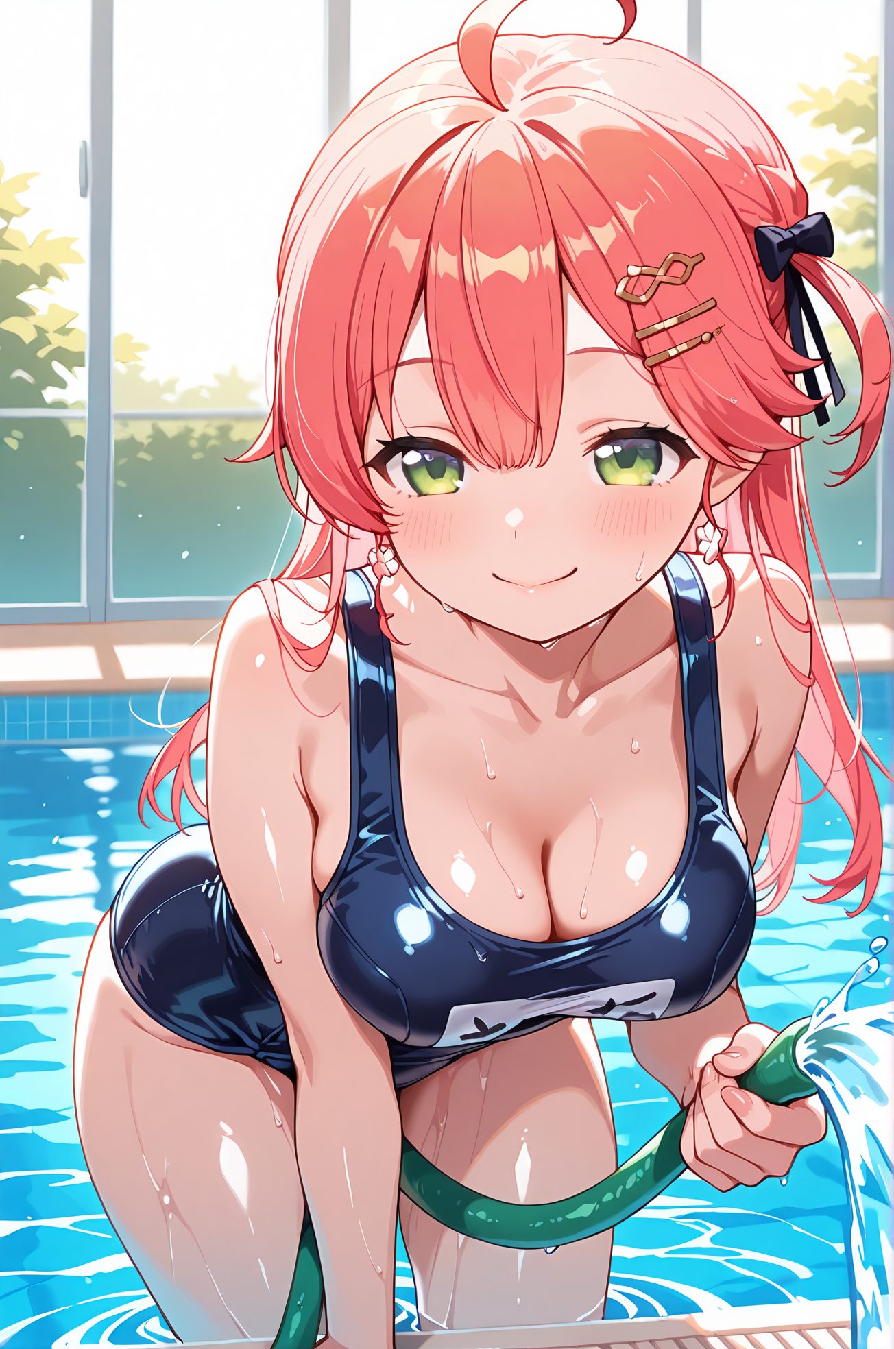 sensitive, 1girl, solo, long_hair, breasts, looking_at_viewer, blush, smile, bangs, large_breasts, hair_ornament, bow, holding, cleavage, hair_between_eyes, bare_shoulders, jewelry, closed_mouth, green_eyes, collarbone, swimsuit, pink_hair, ahoge, hair_bow, thighs, red_hair, earrings, hairclip, shiny, indoors, virtual_youtuber, water, wet, one-piece_swimsuit, bare_arms, black_bow, leaning_forward, one_side_up, school_swimsuit, shiny_clothes, blue_one-piece_swimsuit, pool, poolside, sakura_miko, 長い髪, 赤面, 笑顔, 前髪, 大きな胸, 髪飾り, ボウ, 目にかかる髪, 肩出し, ジュエリー, 口閉じ, 緑の目, 鎖骨, 水着, ピンク髪, アホ毛, 髪ボウ, 赤髪, イヤリング, ヘアクリップ, 光沢, バーチャルYouTuber, ワンピース水着, 片側アップ, 学校水着, さくらみこ