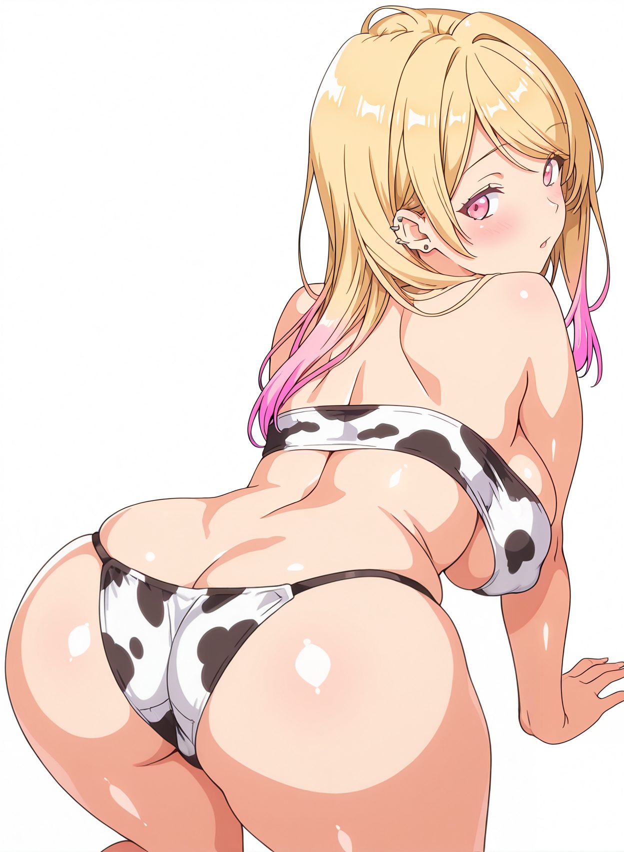 sensitive, questionable, 1girl, solo, long_hair, breasts, looking_at_viewer, blush, bangs, blonde_hair, large_breasts, simple_background, white_background, bare_shoulders, jewelry, swimsuit, pink_hair, ass, bikini, multicolored_hair, earrings, parted_lips, shiny, looking_back, pink_eyes, from_behind, shiny_skin, strapless, gradient_hair, skindentation, back, piercing, animal_print, all_fours, ear_piercing, butt_crack, cow_print, print_bikini, kitagawa_marin, 赤面, 尻, 水着, 牛柄ビキニ, 巨乳, 背中, ぱっつん, 喜多川海夢, その着せ替え人形は恋をする, 長い髪, 前髪, 金髪, 大きな胸, 肩出し, ジュエリー, ピンク髪, ビキニ, 多色髪, イヤリング, 光沢, 光沢肌, 四つん這い, 牛柄