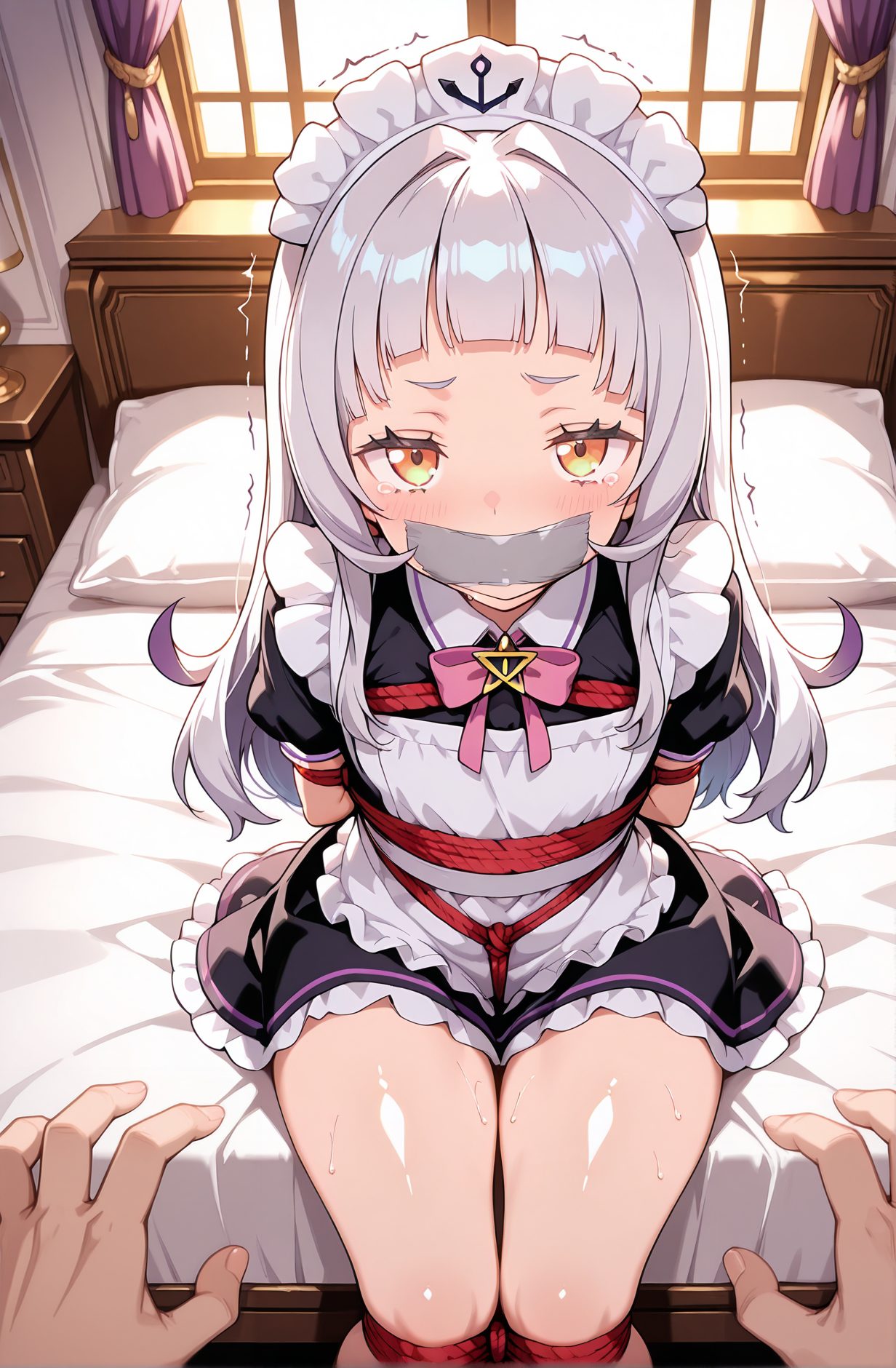 sensitive, questionable, 1girl, long_hair, looking_at_viewer, blush, bangs, 1boy, dress, bow, sitting, yellow_eyes, short_sleeves, hetero, grey_hair, thighs, sweat, frills, solo_focus, alternate_costume, puffy_sleeves, shiny, indoors, virtual_youtuber, tears, blunt_bangs, bowtie, apron, black_dress, puffy_short_sleeves, orange_eyes, pillow, maid, maid_headdress, window, bed, pov, on_bed, arms_behind_back, bound, trembling, bdsm, frilled_dress, bondage, curtains, pink_bow, rope, white_apron, restrained, maid_apron, tearing_up, frilled_apron, enmaided, short_eyebrows, gag, gagged, pov_hands, shibari, bedroom, bound_arms, pink_bowtie, bound_legs, improvised_gag, shibari_over_clothes, murasaki_shion, 長い髪, 赤面, 前髪, ボウ, 座り, 灰髪, 汗, 光沢, バーチャルYouTuber, 涙, 震え, 拘束, 紫咲シオン