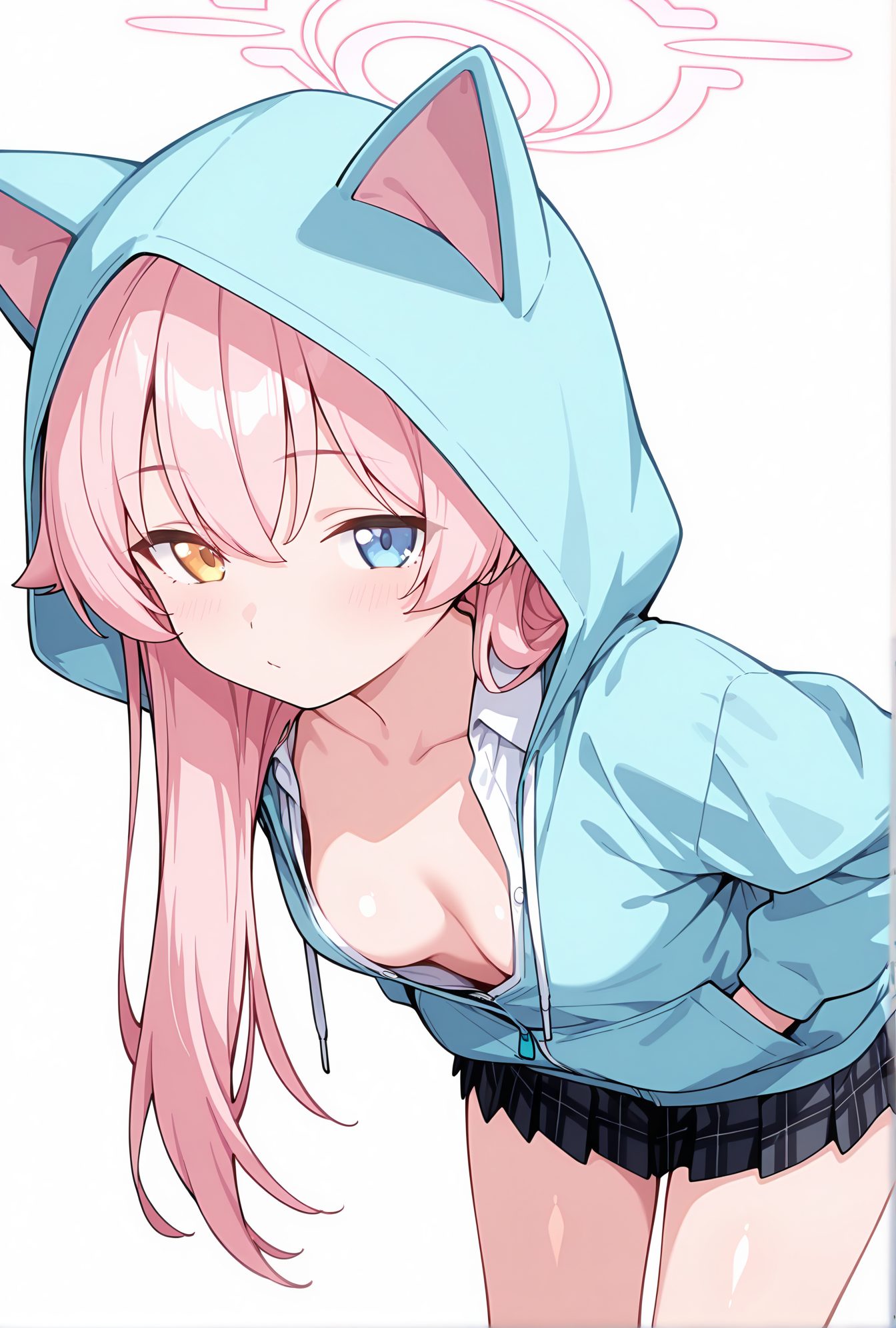 sensitive, 1girl, solo, long_hair, breasts, looking_at_viewer, blush, bangs, blue_eyes, skirt, simple_background, shirt, long_sleeves, white_background, animal_ears, closed_mouth, collarbone, jacket, yellow_eyes, white_shirt, pink_hair, pleated_skirt, small_breasts, hood, miniskirt, black_skirt, plaid, no_bra, hoodie, leaning_forward, fake_animal_ears, heterochromia, halo, plaid_skirt, blue_jacket, hooded_jacket, hood_up, animal_hood, hands_in_pockets, downblouse, blue_hoodie, partially_unzipped, hoshino_(blue_archive), パーカー, Tシャツ, うさ耳, スカート, ぱっつん, 獣耳, 貧乳, 長い髪, 赤面, 前髪, 青い目, シャツ, 動物耳, 口閉じ, 鎖骨, 白シャツ, ピンク髪, 小さな胸, ミニスカート, 偽動物耳, ホシノ（ブルーアーカイブ）, Posted, ホシノ_posted