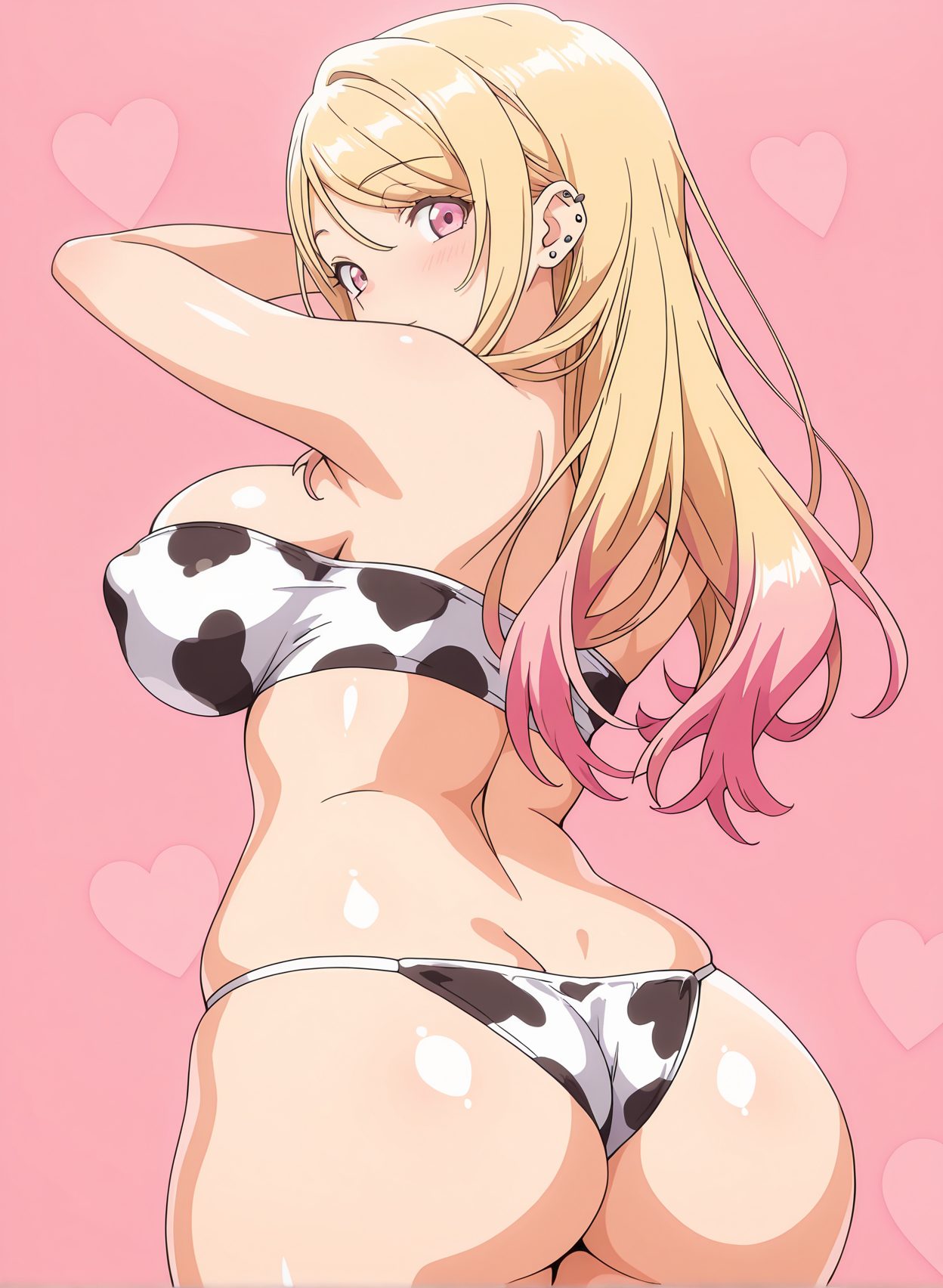 sensitive, questionable, 1girl, solo, long_hair, breasts, looking_at_viewer, blush, blonde_hair, large_breasts, simple_background, jewelry, swimsuit, pink_hair, ass, heart, bikini, multicolored_hair, cowboy_shot, earrings, shiny, looking_back, pink_eyes, from_behind, covered_nipples, shiny_skin, strapless, gradient_hair, skindentation, back, piercing, pink_background, animal_print, ear_piercing, cow_print, gyaru, print_bikini, kitagawa_marin, 赤面, 尻, 水着, 褐色肌, 牛柄ビキニ, 巨乳, 背中, ギャル, 喜多川海夢, その着せ替え人形は恋をする, 長い髪, 金髪, 大きな胸, ジュエリー, ピンク髪, ビキニ, 多色髪, イヤリング, 光沢, 光沢肌, 牛柄