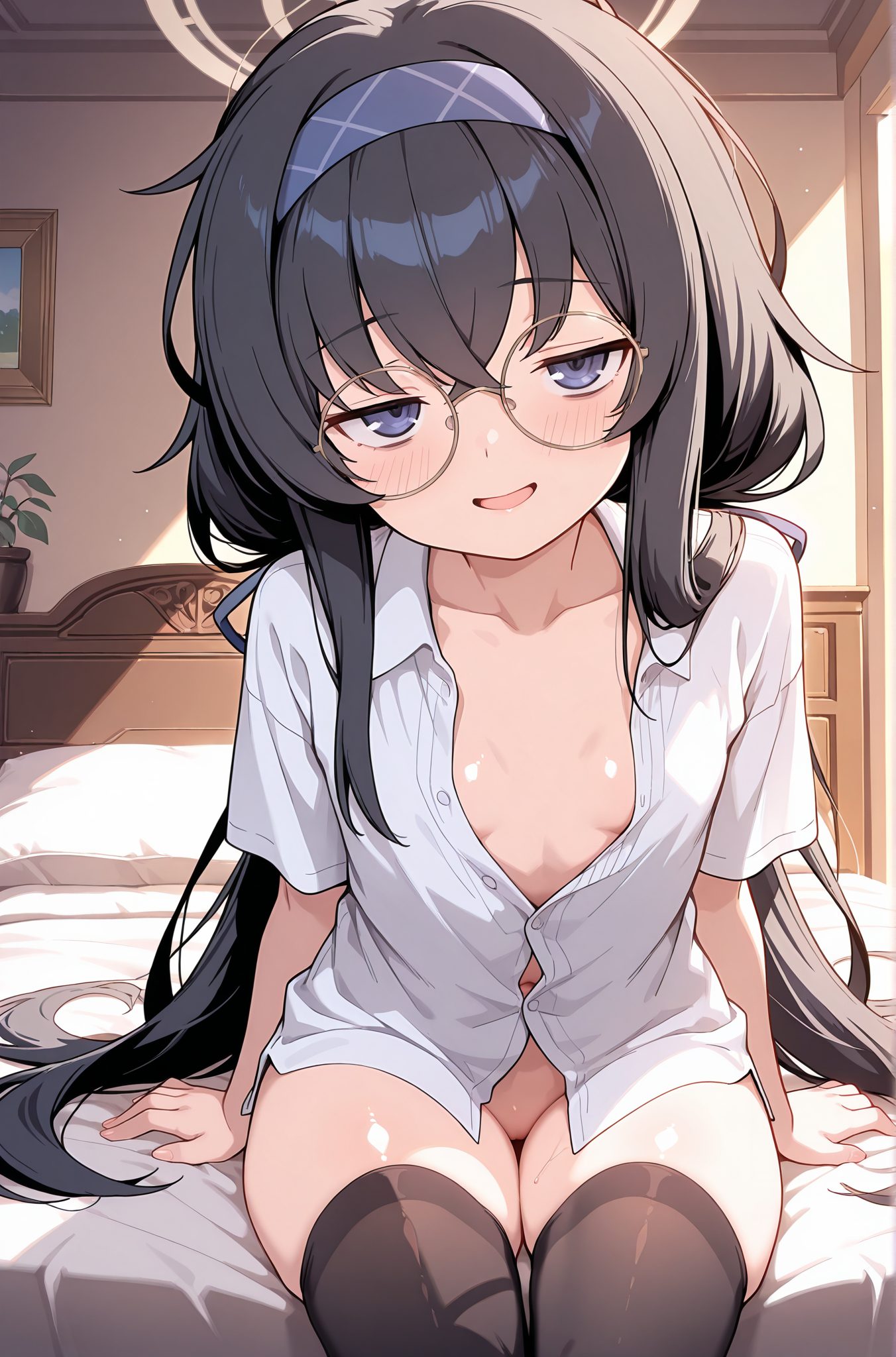 questionable, 1girl, solo, long_hair, breasts, looking_at_viewer, blush, smile, open_mouth, bangs, blue_eyes, shirt, black_hair, thighhighs, hair_between_eyes, twintails, sitting, very_long_hair, collarbone, white_shirt, short_sleeves, hairband, small_breasts, glasses, collared_shirt, black_thighhighs, indoors, bed, no_panties, bottomless, on_bed, halo, crossed_bangs, round_eyewear, bags_under_eyes, naked_shirt, blue_hairband, partially_unbuttoned, ui_(blue_archive), 長い髪, 赤面, 笑顔, 口開き, 前髪, 青い目, シャツ, 黒髪, 太ももハイソックス, 目にかかる髪, ツインテール, 座り, とても長い髪, 鎖骨, 白シャツ, ヘアバンド, 小さな胸, ノーパン, 下半身裸, ウイ（ブルーアーカイブ）