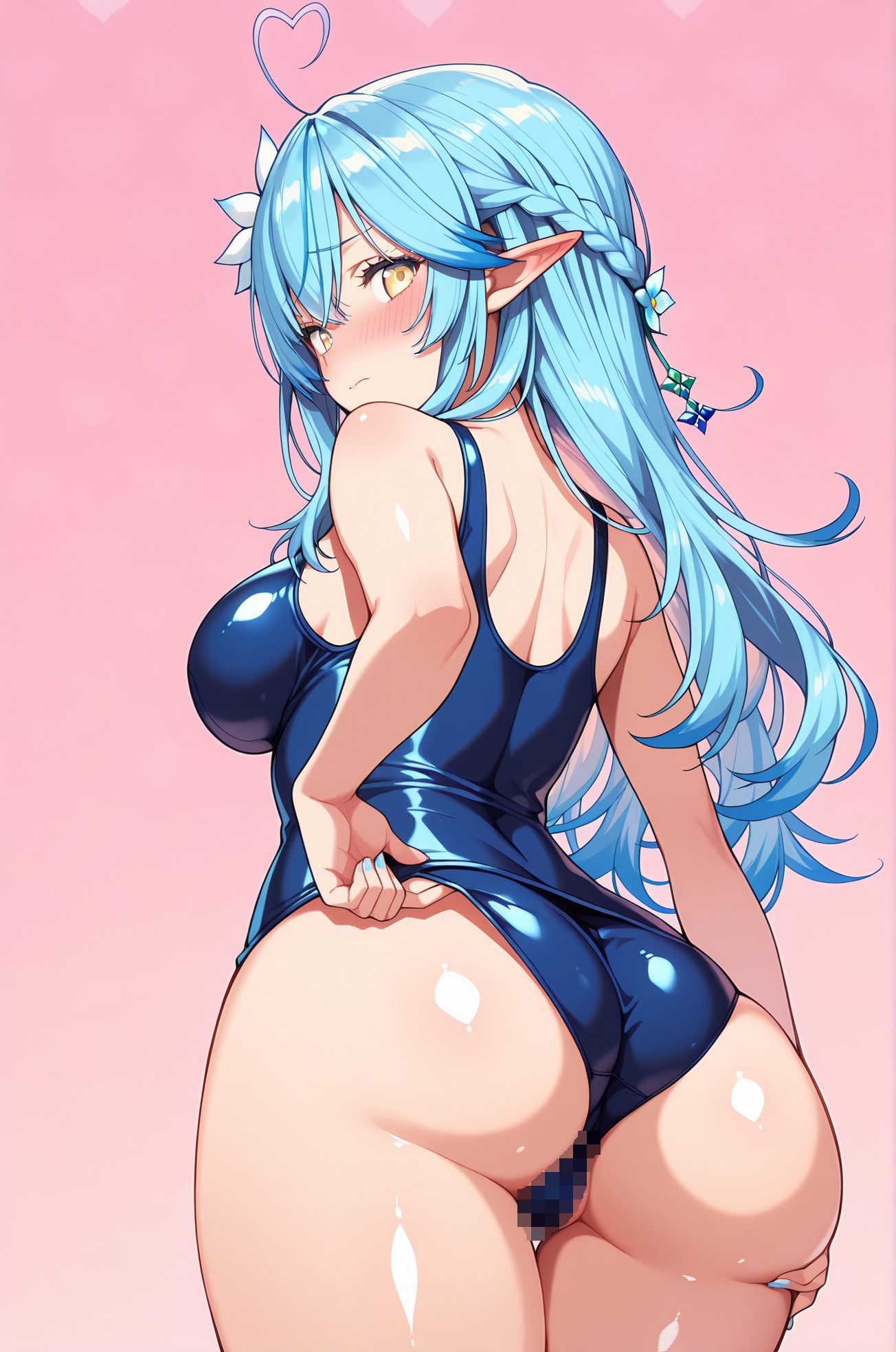 questionable, 1girl, solo, long_hair, breasts, looking_at_viewer, blush, bangs, large_breasts, simple_background, hair_ornament, hair_between_eyes, bare_shoulders, closed_mouth, blue_hair, swimsuit, yellow_eyes, ass, braid, flower, ahoge, heart, thighs, multicolored_hair, cowboy_shot, pointy_ears, shiny, looking_back, virtual_youtuber, hair_flower, from_behind, streaked_hair, one-piece_swimsuit, shiny_skin, cameltoe, back, pink_background, school_swimsuit, elf, shiny_clothes, blue_one-piece_swimsuit, adjusting_clothes, colored_tips, heart_ahoge, adjusting_swimsuit, yukihana_lamy, 長い髪, 赤面, 前髪, 大きな胸, 髪飾り, 目にかかる髪, 肩出し, 口閉じ, 青髪, 水着, アホ毛, 多色髪, 光沢, バーチャルYouTuber, 髪の花, ワンピース水着, 光沢肌, 学校水着, 雪花ラミィ