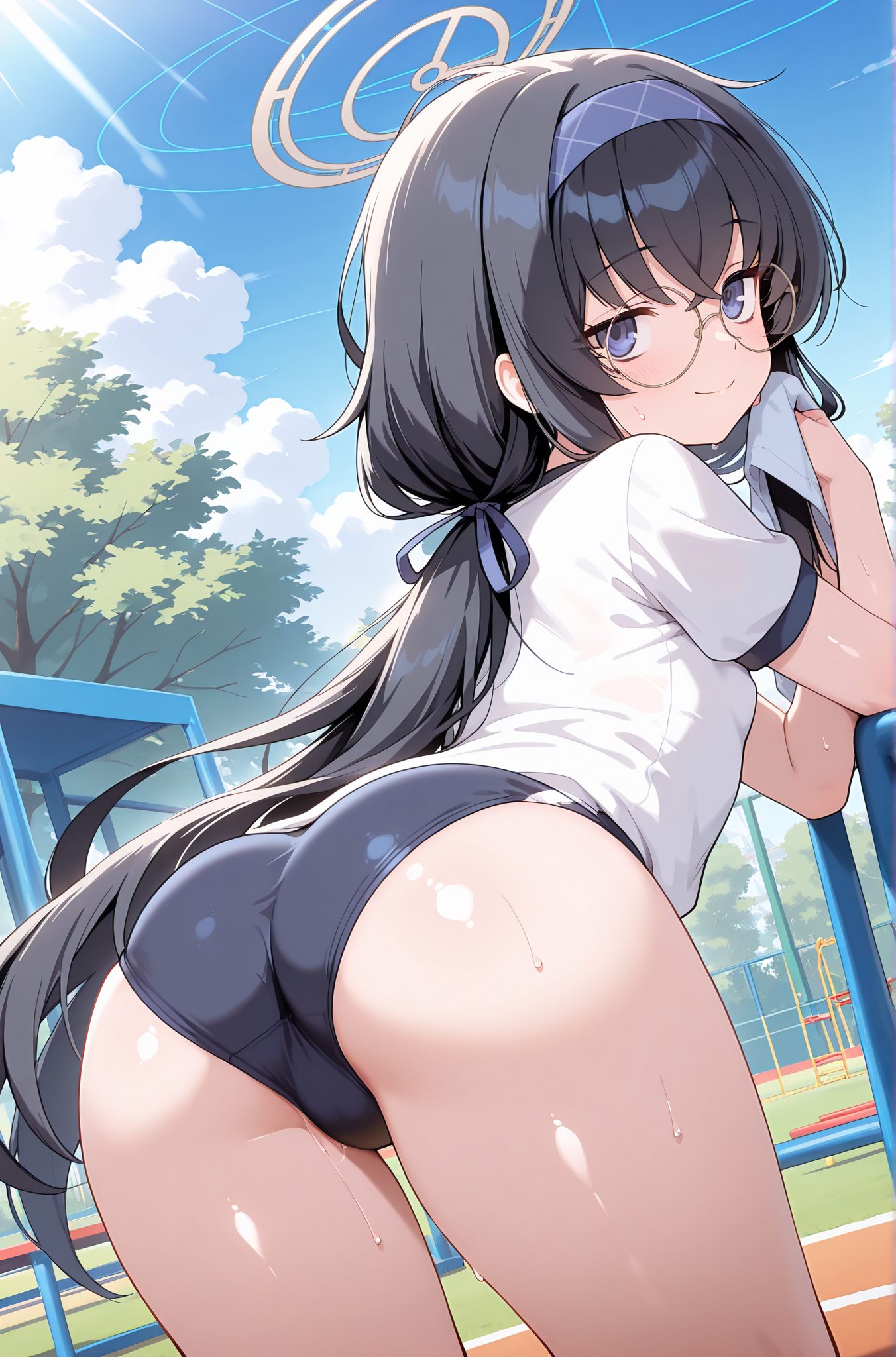 sensitive, 1girl, solo, long_hair, looking_at_viewer, blush, smile, bangs, blue_eyes, shirt, black_hair, ribbon, twintails, closed_mouth, hair_ribbon, white_shirt, ass, short_sleeves, thighs, sweat, hairband, outdoors, sky, glasses, day, looking_back, from_behind, tree, blue_sky, low_twintails, halo, towel, gym_uniform, buruma, round_eyewear, blue_hairband, blue_buruma, black_buruma, ui_(blue_archive), 長い髪, 赤面, 笑顔, 前髪, 青い目, シャツ, 黒髪, リボン, ツインテール, 口閉じ, 髪リボン, 白シャツ, 汗, ヘアバンド, ローツインテール, 体操服, ブルマ, ウイ（ブルーアーカイブ）