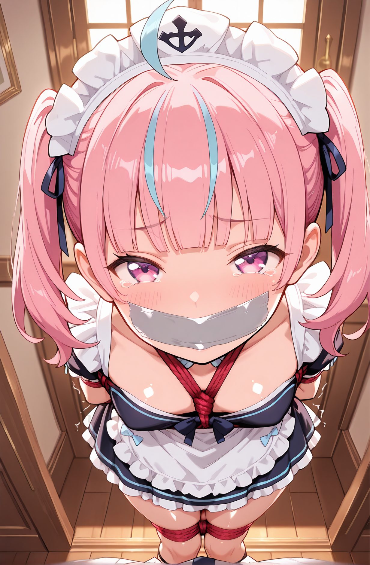questionable, 1girl, solo, long_hair, breasts, looking_at_viewer, blush, bangs, dress, ribbon, cleavage, twintails, blue_hair, standing, purple_eyes, hair_ribbon, pink_hair, ahoge, short_sleeves, multicolored_hair, small_breasts, frills, puffy_sleeves, indoors, virtual_youtuber, tears, blunt_bangs, pink_eyes, apron, black_dress, two-tone_hair, puffy_short_sleeves, streaked_hair, maid, maid_headdress, black_ribbon, arms_behind_back, bound, trembling, bdsm, frilled_dress, crying, bondage, rope, white_apron, restrained, tearing_up, frilled_apron, wooden_floor, colored_inner_hair, door, gag, gagged, shibari, tape, bound_legs, improvised_gag, shibari_over_clothes, tape_gag, minato_aqua, 長い髪, 赤面, 前髪, リボン, ツインテール, 青髪, 髪リボン, ピンク髪, アホ毛, 多色髪, 小さな胸, バーチャルYouTuber, 涙, 震え, 拘束, みなとあくあ, 湊あくあ_posted