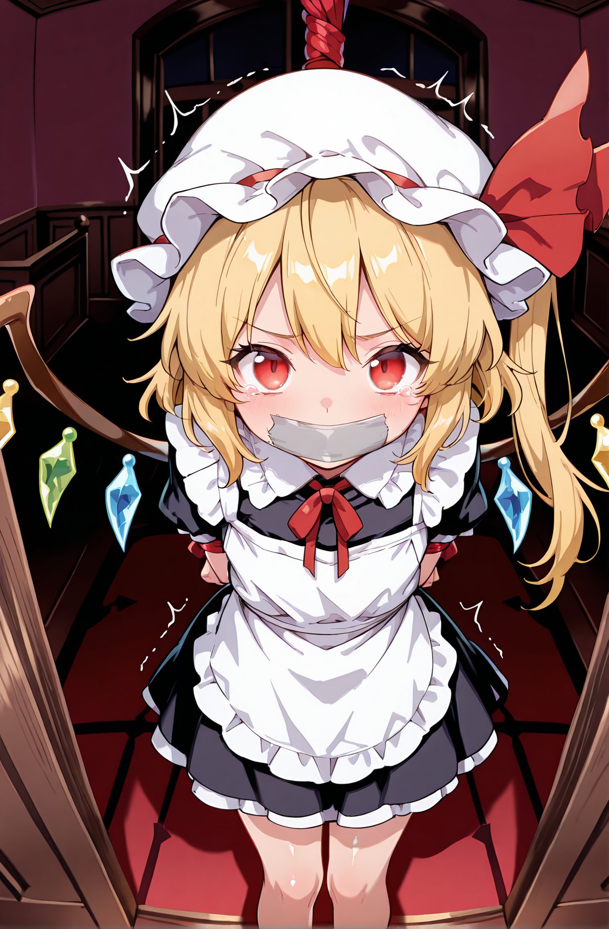 sensitive, 1girl, solo, looking_at_viewer, blush, short_hair, bangs, blonde_hair, red_eyes, hat, dress, ribbon, hair_between_eyes, standing, short_sleeves, frills, wings, alternate_costume, puffy_sleeves, shiny, indoors, tears, apron, black_dress, red_ribbon, puffy_short_sleeves, maid, neck_ribbon, white_headwear, one_side_up, arms_behind_back, bound, trembling, mob_cap, hat_ribbon, bondage, white_apron, maid_apron, tearing_up, crystal, enmaided, gag, gagged, tape, improvised_gag, tape_gag, flandre_scarlet, 赤面, 短い髪, 前髪, 金髪, 赤い目, 帽子, リボン, 目にかかる髪, 光沢, 涙, 赤リボン, 白頭飾, 片側アップ, 震え, モブキャップ, 帽子リボン, フランドール・スカーレット, フランドール_posted
