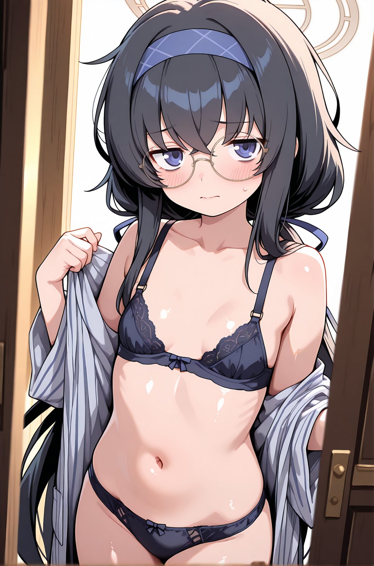 sensitive, 1girl, solo, long_hair, breasts, looking_at_viewer, blush, bangs, blue_eyes, black_hair, bow, navel, hair_between_eyes, bare_shoulders, very_long_hair, closed_mouth, underwear, collarbone, panties, cowboy_shot, hairband, small_breasts, open_clothes, glasses, off_shoulder, stomach, bra, sweatdrop, black_panties, halo, black_bra, bow_panties, bags_under_eyes, blue_hairband, ui_(blue_archive), 長い髪, 赤面, 前髪, 青い目, 黒髪, ボウ, 目にかかる髪, 肩出し, とても長い髪, 口閉じ, 下着, 鎖骨, パンツ, ヘアバンド, 小さな胸, 衣服開く, ブラ, 汗滴, ウイ（ブルーアーカイブ）