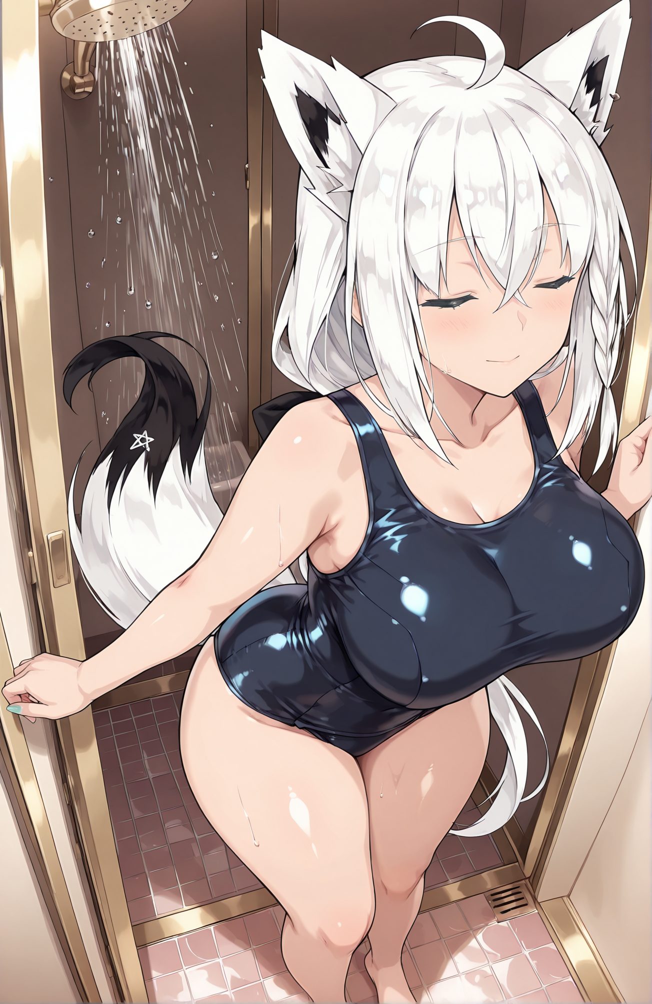 sensitive, 1girl, solo, long_hair, breasts, blush, smile, bangs, large_breasts, animal_ears, cleavage, hair_between_eyes, closed_mouth, standing, collarbone, tail, swimsuit, closed_eyes, braid, ahoge, white_hair, sidelocks, thighs, barefoot, shiny, indoors, virtual_youtuber, wet, animal_ear_fluff, one-piece_swimsuit, fox_ears, bare_legs, single_braid, fox_tail, school_swimsuit, fox_girl, side_braid, shiny_clothes, door, showering, shower_head, shower_(place), shirakami_fubuki, 長い髪, 赤面, 笑顔, 前髪, 大きな胸, 動物耳, 目にかかる髪, 口閉じ, 鎖骨, 水着, アホ毛, 白髪, サイドロック, 光沢, バーチャルYouTuber, ワンピース水着, 学校水着, 白上フブキ
