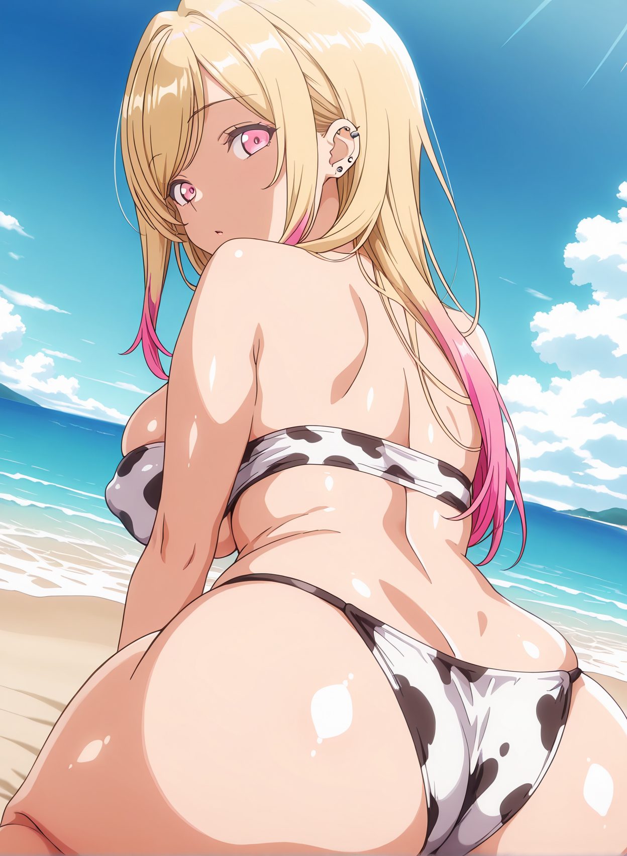 sensitive, 1girl, solo, long_hair, breasts, looking_at_viewer, bangs, blonde_hair, large_breasts, bare_shoulders, jewelry, sitting, swimsuit, pink_hair, ass, bikini, multicolored_hair, earrings, outdoors, sky, day, looking_back, cloud, pink_eyes, water, from_behind, blue_sky, gradient_hair, skindentation, ocean, back, white_bikini, beach, piercing, animal_print, ear_piercing, cow_print, print_bikini, kitagawa_marin, 尻, 水着, 牛柄ビキニ, 巨乳, 背中, ぱっつん, 喜多川海夢, その着せ替え人形は恋をする, 長い髪, 前髪, 金髪, 大きな胸, 肩出し, ジュエリー, 座り, ピンク髪, ビキニ, 多色髪, イヤリング, 牛柄