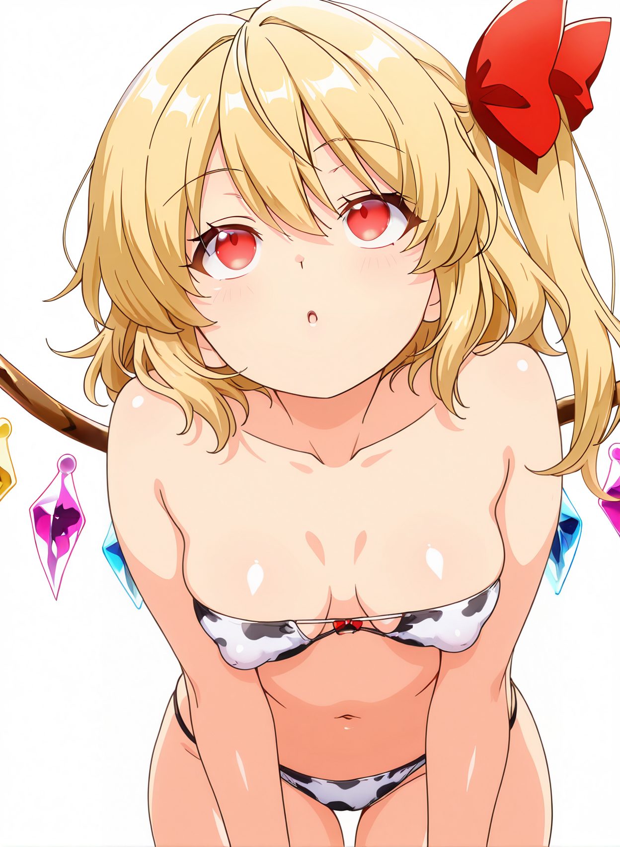 questionable, 1girl, solo, breasts, blush, open_mouth, bangs, blonde_hair, simple_background, red_eyes, white_background, bow, ribbon, navel, hair_between_eyes, bare_shoulders, medium_breasts, collarbone, swimsuit, hair_bow, bikini, cowboy_shot, small_breasts, wings, medium_hair, :o, red_bow, covered_nipples, strapless, leaning_forward, one_side_up, white_bikini, looking_up, animal_print, crystal, cow_print, strapless_bikini, eyepatch_bikini, flandre_scarlet, 赤面, 水着, 貧乳, 牛柄ビキニ, ぱっつん, 東方Project, フランドール・スカーレット, Posted, 口開き, 前髪, 金髪, 赤い目, ボウ, リボン, 目にかかる髪, 肩出し, 中くらいの胸, 鎖骨, 髪ボウ, ビキニ, 小さな胸, 赤リボン, 片側アップ, 牛柄, ストラップレスビキニ, フランドール_posted