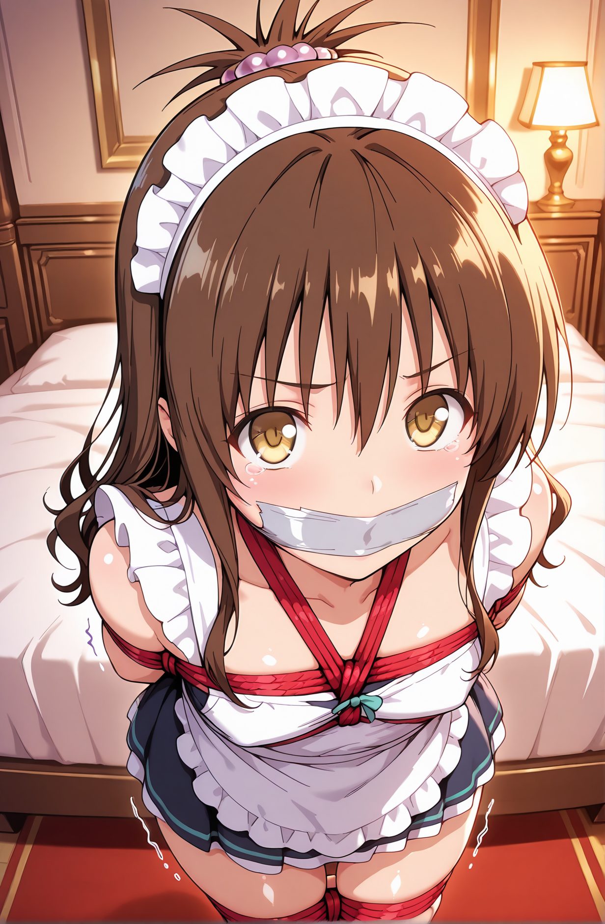 questionable, 1girl, solo, long_hair, breasts, looking_at_viewer, blush, bangs, brown_hair, hair_ornament, thighhighs, hair_between_eyes, bare_shoulders, brown_eyes, collarbone, yellow_eyes, small_breasts, frills, indoors, tears, apron, maid, maid_headdress, bed, on_bed, arms_behind_back, bound, bdsm, bondage, rope, white_apron, restrained, gag, gagged, lamp, shibari, bedroom, bound_arms, red_rope, improvised_gag, crotch_rope, shibari_over_clothes, tape_gag, yuuki_mikan, 長い髪, 赤面, 前髪, 茶髪, 髪飾り, 太ももハイソックス, 目にかかる髪, 肩出し, 鎖骨, 小さな胸, 涙, 拘束, 結城美柑
