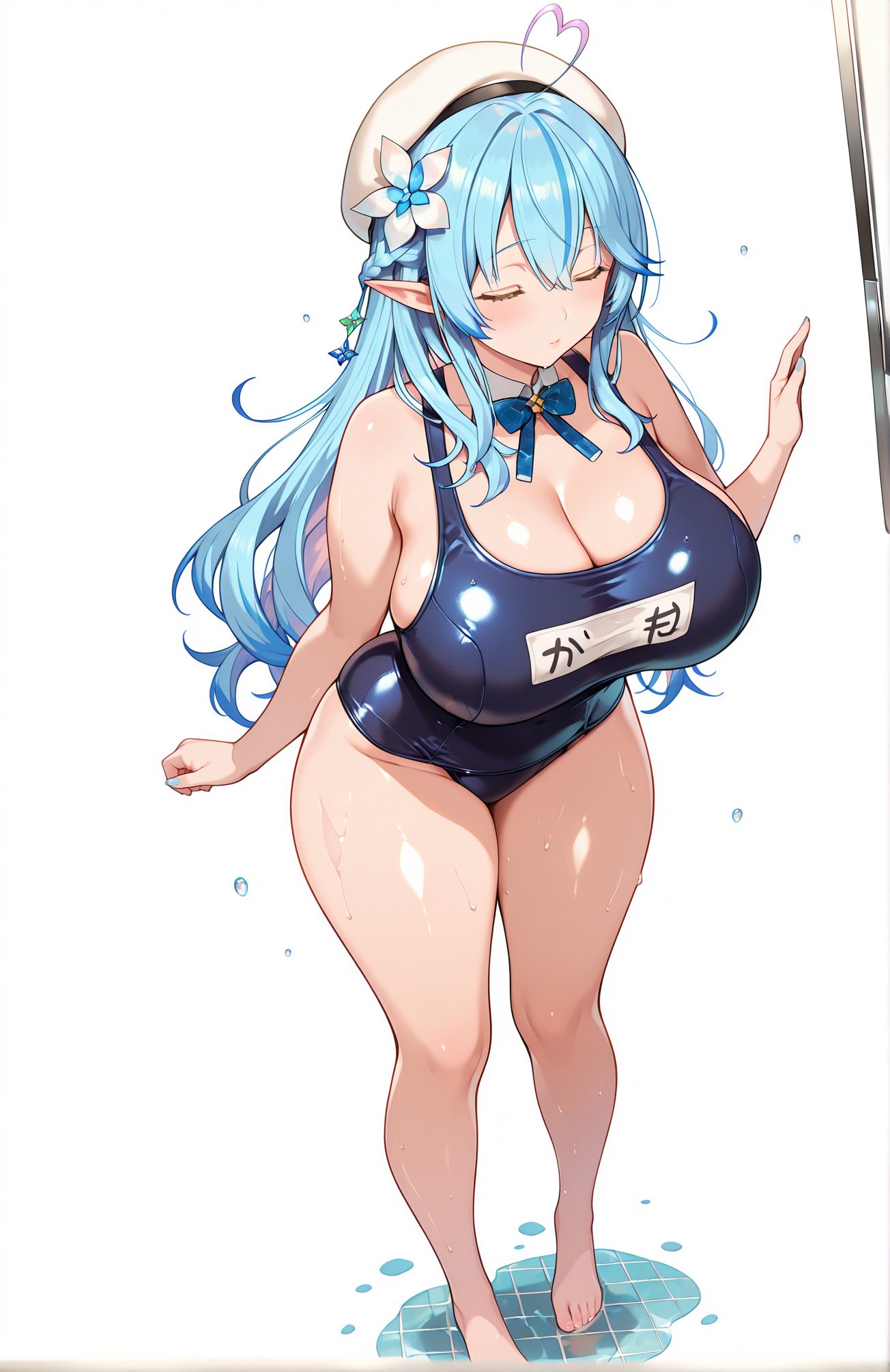 sensitive, 1girl, solo, long_hair, breasts, blush, bangs, large_breasts, hair_ornament, hat, white_background, bow, cleavage, hair_between_eyes, bare_shoulders, closed_mouth, blue_hair, standing, swimsuit, full_body, closed_eyes, braid, flower, ahoge, heart, thighs, multicolored_hair, barefoot, pointy_ears, shiny, virtual_youtuber, hair_flower, bowtie, water, huge_breasts, streaked_hair, wet, one-piece_swimsuit, detached_collar, beret, white_headwear, thick_thighs, school_swimsuit, elf, curvy, plump, blue_one-piece_swimsuit, name_tag, colored_tips, heart_ahoge, yukihana_lamy, 長い髪, 赤面, 前髪, 大きな胸, 髪飾り, 帽子, ボウ, 目にかかる髪, 肩出し, 口閉じ, 青髪, 水着, アホ毛, 多色髪, 光沢, バーチャルYouTuber, 髪の花, 巨大な胸, ワンピース水着, ベレー帽, 白頭飾, 学校水着, 雪花ラミィ