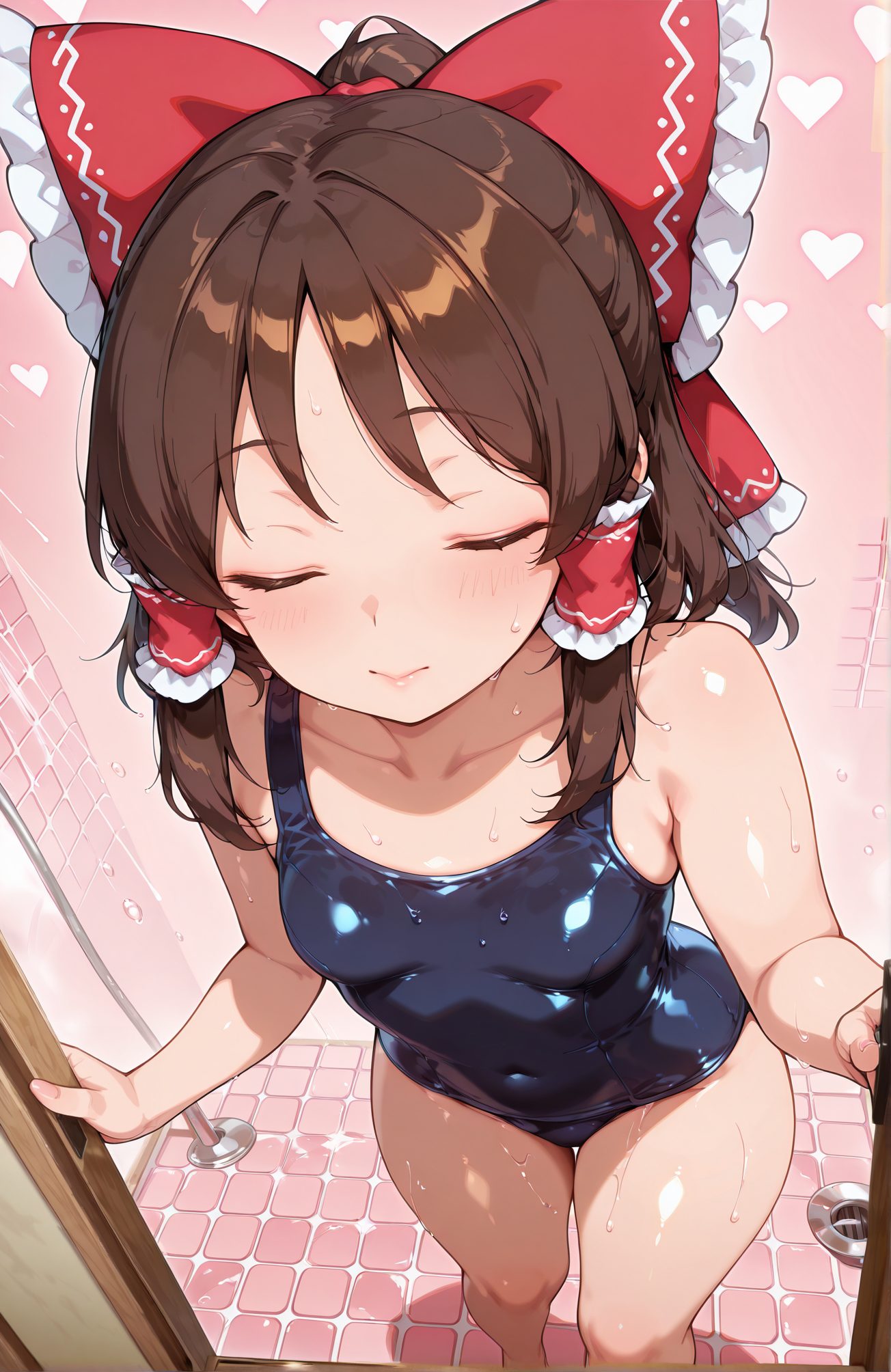 sensitive, 1girl, solo, breasts, blush, bangs, brown_hair, bow, bare_shoulders, closed_mouth, standing, collarbone, swimsuit, closed_eyes, hair_bow, heart, sidelocks, small_breasts, frills, shiny, red_bow, wet, one-piece_swimsuit, bare_arms, covered_navel, hair_tubes, school_swimsuit, facing_viewer, shiny_clothes, blue_one-piece_swimsuit, tiles, frilled_bow, hakurei_reimu, 赤面, 前髪, 茶髪, ボウ, 肩出し, 口閉じ, 鎖骨, 水着, 髪ボウ, サイドロック, 小さな胸, 光沢, 赤リボン, ワンピース水着, 学校水着, 博麗霊夢