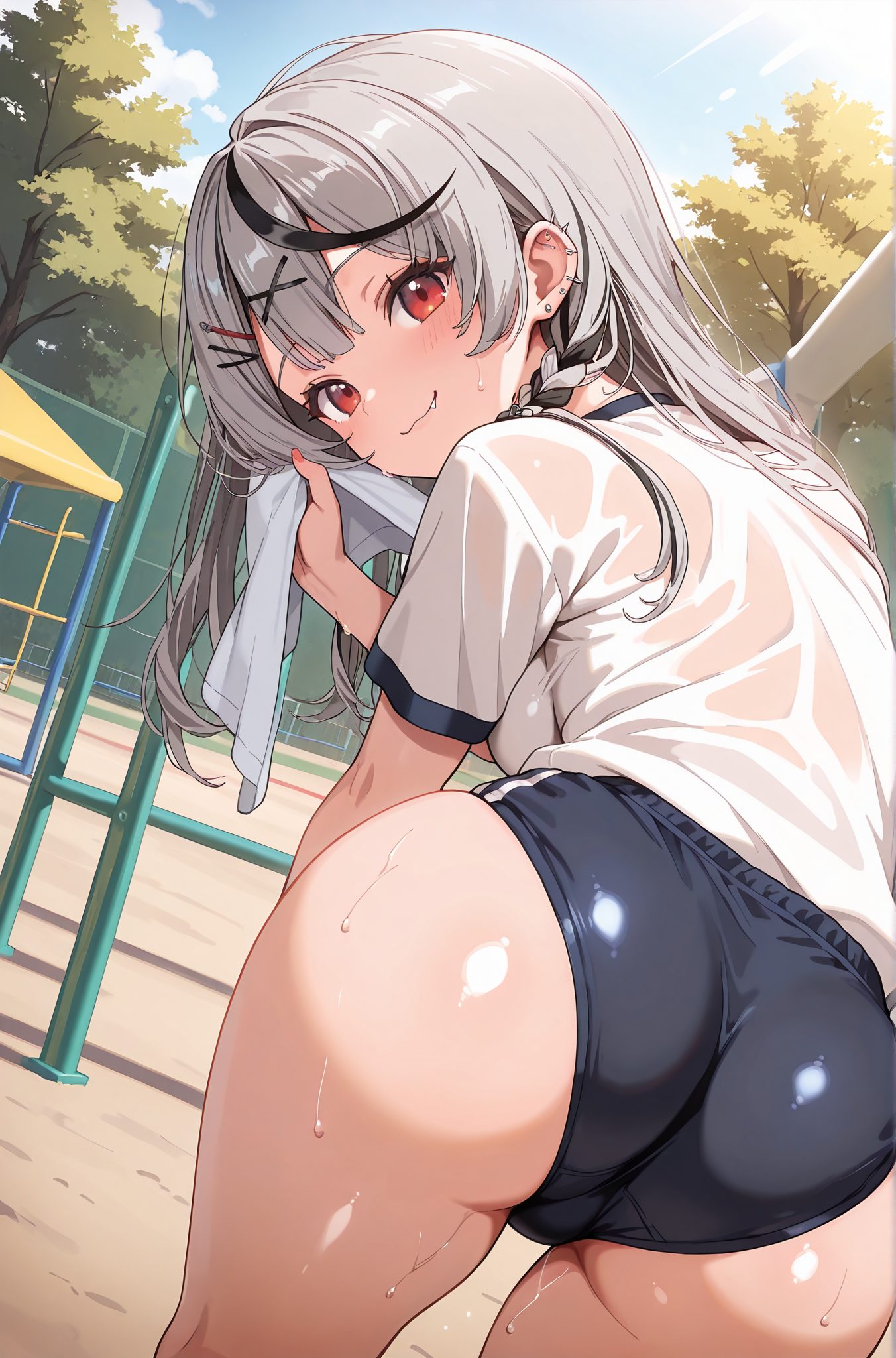 sensitive, 1girl, solo, long_hair, breasts, looking_at_viewer, blush, smile, bangs, shirt, black_hair, hair_ornament, red_eyes, holding, closed_mouth, white_shirt, ass, braid, short_sleeves, grey_hair, thighs, multicolored_hair, sweat, outdoors, sky, day, hairclip, fang, looking_back, virtual_youtuber, from_behind, tree, streaked_hair, wet, piercing, x_hair_ornament, towel, ear_piercing, wet_clothes, gym_uniform, buruma, ass_focus, black_buruma, sakamata_chloe, 長い髪, 赤面, 笑顔, 前髪, シャツ, 黒髪, 髪飾り, 赤い目, 口閉じ, 白シャツ, 灰髪, 多色髪, 汗, ヘアクリップ, バーチャルYouTuber, 体操服, ブルマ, 沙花叉クロヱ, Posted