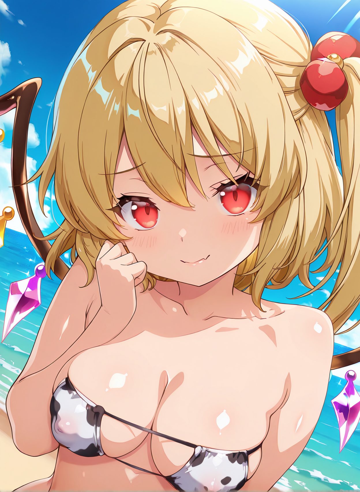 questionable, 1girl, solo, breasts, looking_at_viewer, blush, smile, bangs, blonde_hair, hair_ornament, red_eyes, cleavage, hair_between_eyes, bare_shoulders, medium_breasts, closed_mouth, collarbone, swimsuit, upper_body, bikini, outdoors, wings, sky, day, fang, cloud, water, covered_nipples, blue_sky, ocean, one_side_up, white_bikini, beach, animal_print, no_headwear, skin_fang, crystal, cow_print, fang_out, strapless_bikini, eyepatch_bikini, flandre_scarlet, 赤面, 笑顔, 胸チラ, 水着, 牛柄ビキニ, ぱっつん, 東方Project, フランドール・スカーレット, 前髪, 金髪, 髪飾り, 赤い目, 目にかかる髪, 肩出し, 中くらいの胸, 口閉じ, 鎖骨, ビキニ, 片側アップ, 牛柄, ストラップレスビキニ, フランドール_posted
