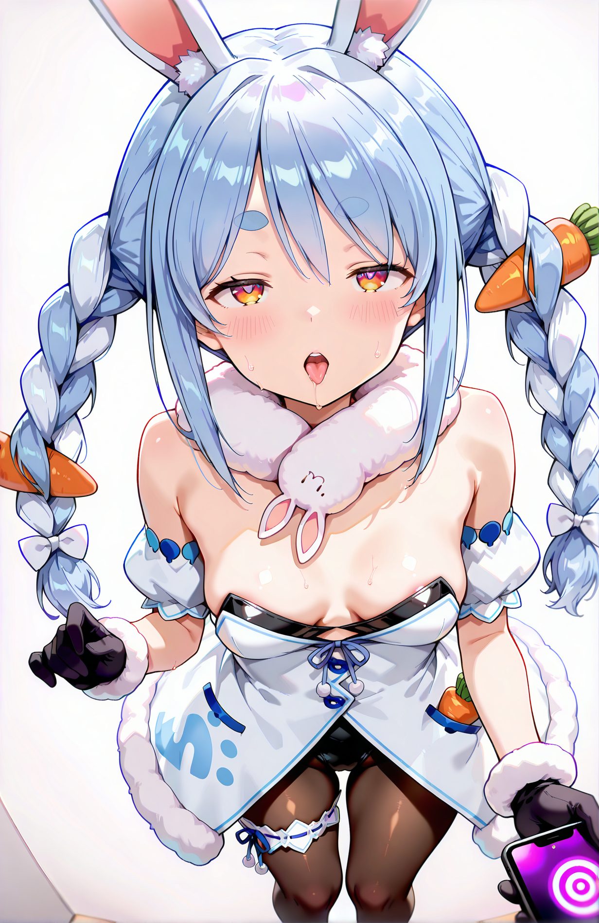questionable, 1girl, solo, long_hair, breasts, looking_at_viewer, blush, open_mouth, bangs, simple_background, hair_ornament, gloves, white_background, dress, holding, animal_ears, bare_shoulders, twintails, medium_breasts, blue_hair, standing, braid, white_hair, short_sleeves, heart, pantyhose, multicolored_hair, sweat, small_breasts, detached_sleeves, solo_focus, tongue, black_gloves, virtual_youtuber, tongue_out, white_dress, rabbit_ears, twin_braids, two-tone_hair, leotard, orange_eyes, animal_ear_fluff, black_pantyhose, symbol-shaped_pupils, fur_trim, strapless, saliva, pov, from_above, heart-shaped_pupils, phone, thick_eyebrows, cellphone, black_leotard, strapless_dress, smartphone, areola_slip, holding_phone, rabbit_girl, bridal_garter, food-themed_hair_ornament, fur-trimmed_gloves, carrot_hair_ornament, usada_pekora, don-chan_(usada_pekora), 長い髪, 赤面, 口開き, 前髪, 髪飾り, 手袋, 動物耳, 肩出し, ツインテール, 中くらいの胸, 青髪, 白髪, パンスト, 多色髪, 汗, 小さな胸, 黒手袋, バーチャルYouTuber, 舌出し, うさ耳, ツインブレイド, レオタード, よだれ, ハート目, 黒レオタード, 兎田ぺこら