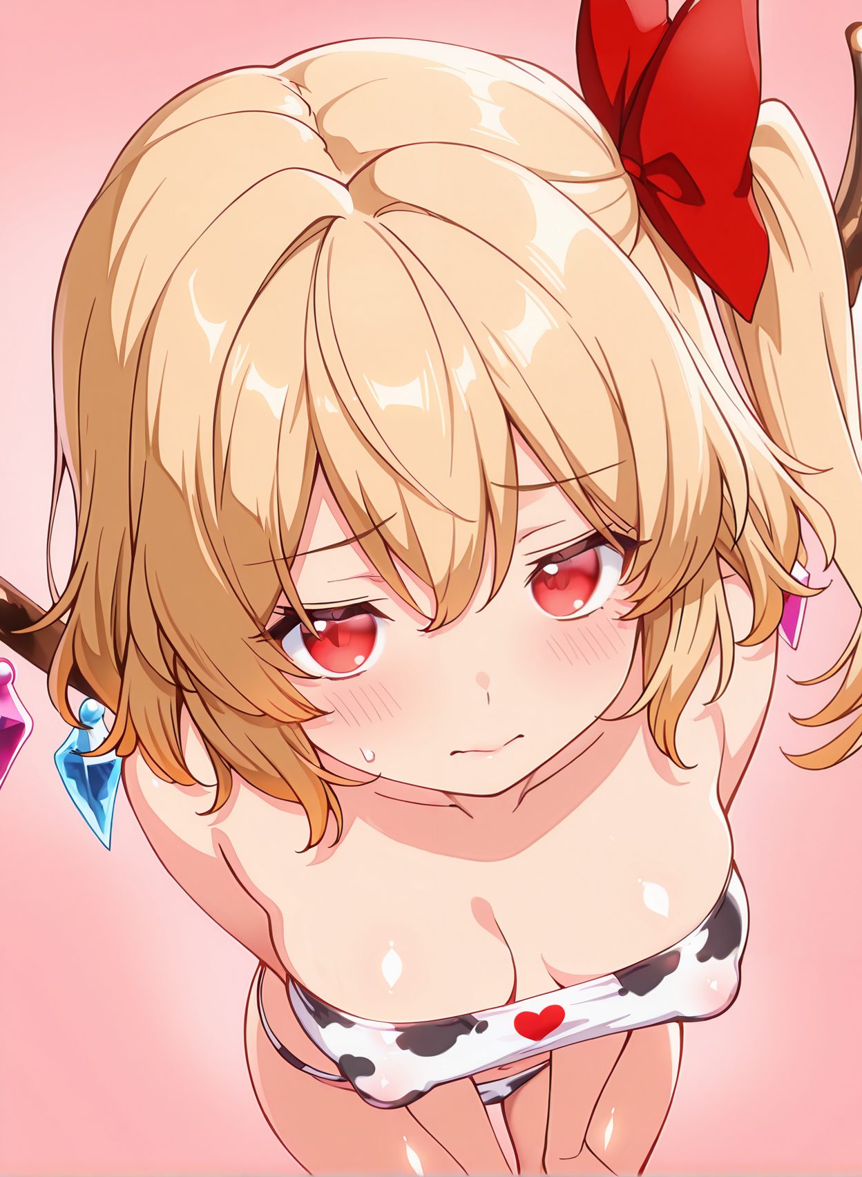 questionable, 1girl, solo, breasts, looking_at_viewer, blush, short_hair, bangs, blonde_hair, simple_background, red_eyes, bow, cleavage, hair_between_eyes, bare_shoulders, medium_breasts, closed_mouth, collarbone, swimsuit, hair_bow, bikini, wings, sweatdrop, red_bow, covered_nipples, gradient, gradient_background, strapless, leaning_forward, one_side_up, white_bikini, pink_background, animal_print, no_headwear, crystal, cow_print, strapless_bikini, flandre_scarlet, 赤面, 恥じらい, 胸チラ, 水着, 牛柄ビキニ, ぱっつん, 東方Project, フランドール・スカーレット, 短い髪, 前髪, 金髪, 赤い目, ボウ, 目にかかる髪, 肩出し, 中くらいの胸, 口閉じ, 鎖骨, 髪ボウ, ビキニ, 汗滴, 赤リボン, 片側アップ, 牛柄, ストラップレスビキニ
