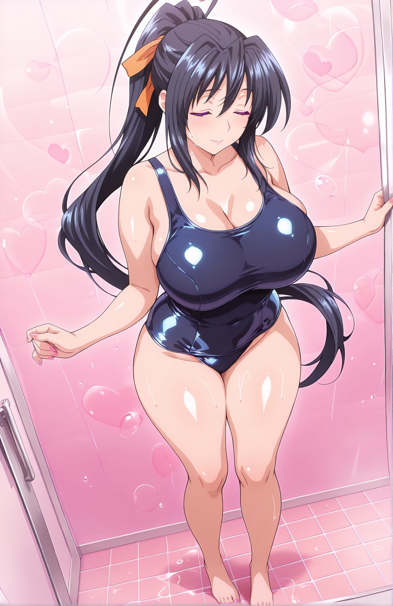 sensitive, 1girl, solo, long_hair, breasts, blush, smile, bangs, large_breasts, black_hair, ribbon, cleavage, very_long_hair, closed_mouth, standing, collarbone, swimsuit, full_body, closed_eyes, hair_ribbon, ponytail, heart, sidelocks, thighs, barefoot, shiny, wet, one-piece_swimsuit, covered_navel, school_swimsuit, blue_one-piece_swimsuit, tiles, orange_ribbon, himejima_akeno, 長い髪, 赤面, 笑顔, 前髪, 大きな胸, 黒髪, リボン, とても長い髪, 口閉じ, 鎖骨, 水着, 髪リボン, ポニーテール, サイドロック, 光沢, ワンピース水着, 学校水着, 姫島朱乃