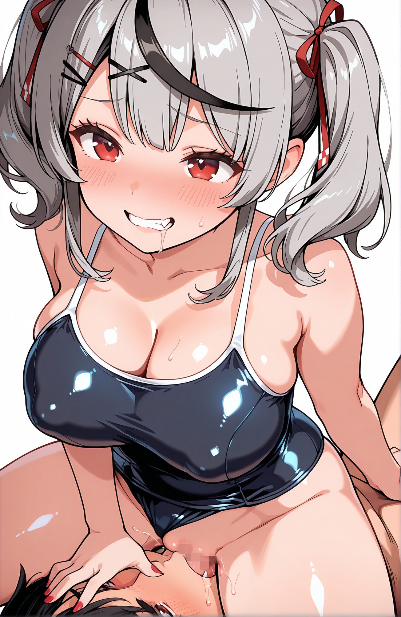 explicit, 1girl, breasts, blush, smile, bangs, large_breasts, simple_background, black_hair, hair_ornament, red_eyes, 1boy, white_background, ribbon, cleavage, twintails, sitting, collarbone, swimsuit, hair_ribbon, hetero, grey_hair, thighs, multicolored_hair, teeth, pussy, hairclip, virtual_youtuber, nail_polish, grin, looking_at_another, covered_nipples, red_ribbon, streaked_hair, one-piece_swimsuit, saliva, uncensored, pussy_juice, oral, school_swimsuit, x_hair_ornament, girl_on_top, clenched_teeth, drooling, red_nails, clothing_aside, faceless, faceless_male, sitting_on_person, cunnilingus, competition_school_swimsuit, swimsuit_aside, sitting_on_face, sakamata_chloe, 赤面, 笑顔, 前髪, 大きな胸, 黒髪, 髪飾り, 赤い目, リボン, ツインテール, 座り, 鎖骨, 水着, 髪リボン, 灰髪, 多色髪, ヘアクリップ, バーチャルYouTuber, 赤リボン, ワンピース水着, よだれ, 無修正, 愛液, オーラル, 学校水着, 女上位, 歯食いしばり, 衣服ずらし, クンニリングス, 競泳用スクール水着, 水着ずらし, 沙花叉クロヱ, 沙花叉クロヱ_posted