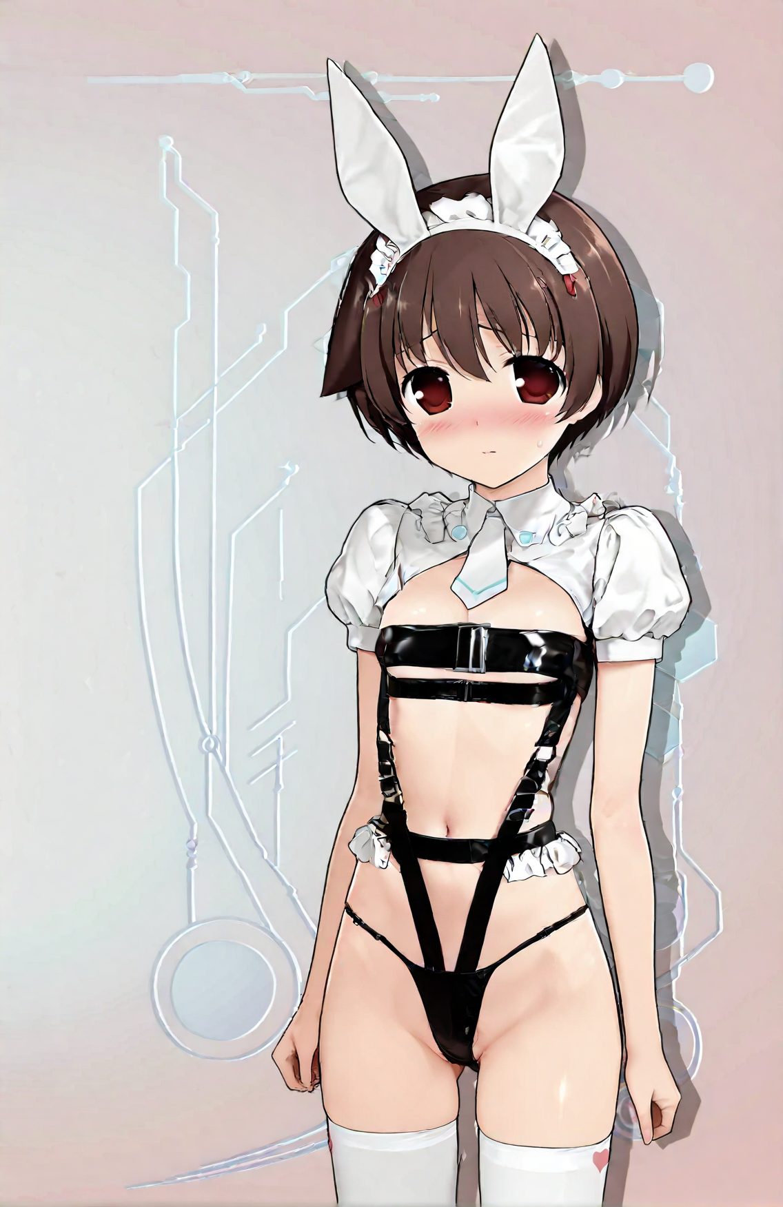 1girl, solo, animal ears, blush, thighhighs, short hair, brown hair, rabbit ears, short sleeves, looking at viewer, navel, puffy sleeves, puffy short sleeves, fake animal ears, white thighhighs, standing, brown eyes, maid headdress, red eyes, cowboy shot, breasts, small breasts, revealing clothes, sweatdrop, necktie, bangs, closed mouth, 赤面, 恥じらい, 獣耳, 赤目, 貧乳, ぱっつん, ショートカット, うさ耳, アングル, 動物耳, 太ももハイソックス, 短い髪, 茶髪, 偽動物耳, 赤い目, 小さな胸, 汗滴, 前髪, 口閉じ, 宮永咲