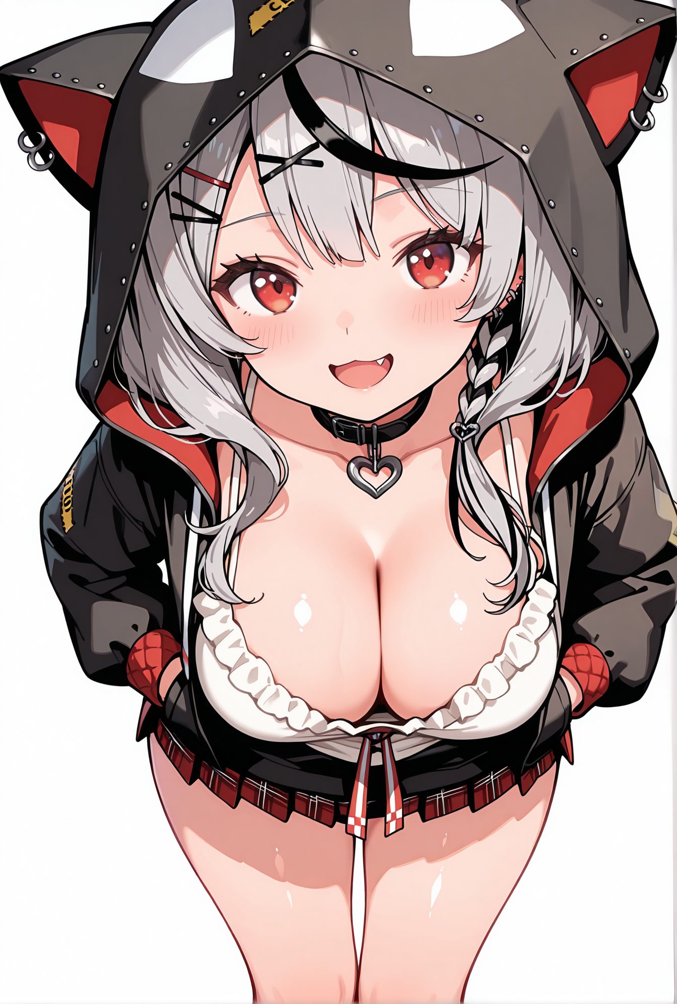 sensitive, 1girl, solo, breasts, looking_at_viewer, blush, smile, open_mouth, bangs, skirt, large_breasts, simple_background, black_hair, hair_ornament, red_eyes, gloves, white_background, cleavage, jacket, white_shirt, braid, :d, grey_hair, thighs, multicolored_hair, pleated_skirt, fang, virtual_youtuber, hood, miniskirt, collar, streaked_hair, black_jacket, plaid, hoodie, leaning_forward, red_skirt, plaid_skirt, piercing, x_hair_ornament, ear_piercing, hood_up, hands_on_hips, animal_hood, hands_in_pockets, black_collar, downblouse, sakamata_chloe, 赤面, 笑顔, 口開き, 前髪, スカート, 大きな胸, 黒髪, 髪飾り, 赤い目, 手袋, 白シャツ, 灰髪, 多色髪, バーチャルYouTuber, ミニスカート, パーカー, 沙花叉クロヱ