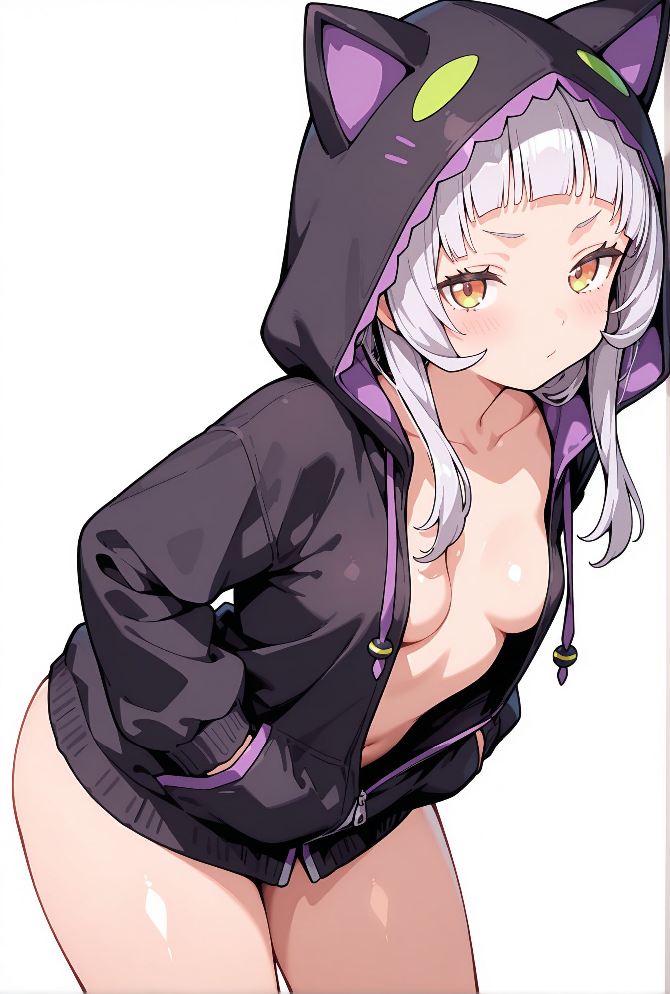 questionable, 1girl, solo, long_hair, breasts, looking_at_viewer, blush, bangs, simple_background, long_sleeves, white_background, navel, closed_mouth, collarbone, jacket, yellow_eyes, white_hair, grey_hair, sidelocks, thighs, cowboy_shot, small_breasts, open_clothes, virtual_youtuber, hood, blunt_bangs, hoodie, leaning_forward, hooded_jacket, hood_up, animal_hood, hands_in_pockets, naked_jacket, naked_hoodie, murasaki_shion, 長い髪, 赤面, 前髪, 口閉じ, 鎖骨, 白髪, 灰髪, サイドロック, 小さな胸, 衣服開く, バーチャルYouTuber, パーカー, 紫咲シオン