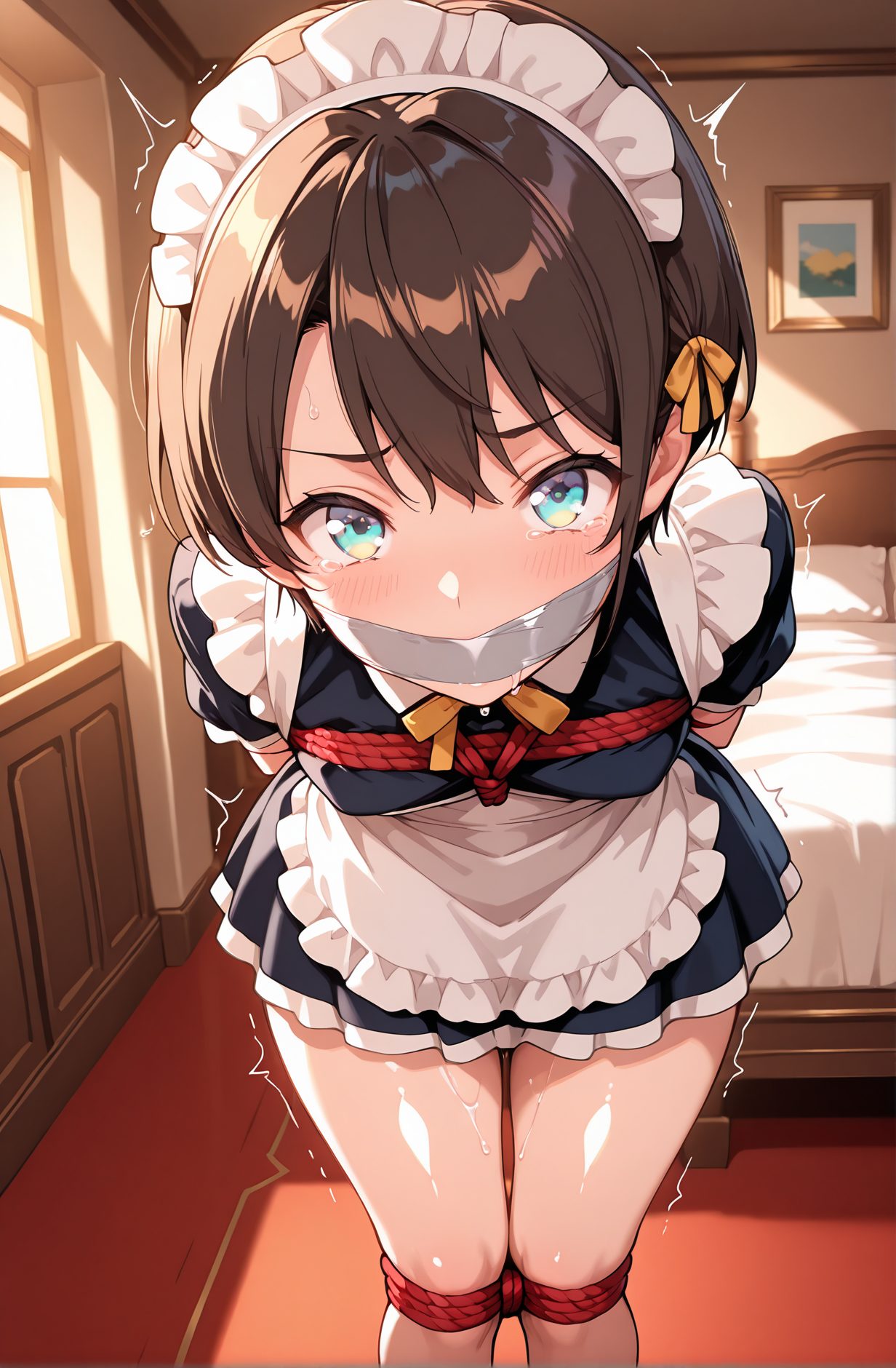 questionable, 1girl, solo, breasts, looking_at_viewer, blush, short_hair, bangs, blue_eyes, brown_hair, dress, ribbon, short_sleeves, thighs, sweat, frills, indoors, tears, apron, maid, maid_headdress, bed, on_bed, arms_behind_back, short_dress, bound, trembling, bdsm, bondage, rope, maid_apron, gag, gagged, shibari, bound_arms, picture_frame, red_rope, improvised_gag, orange_ribbon, oozora_subaru, 赤面, 短い髪, 前髪, 青い目, 茶髪, リボン, 汗, 涙, 震え, 大空スバル