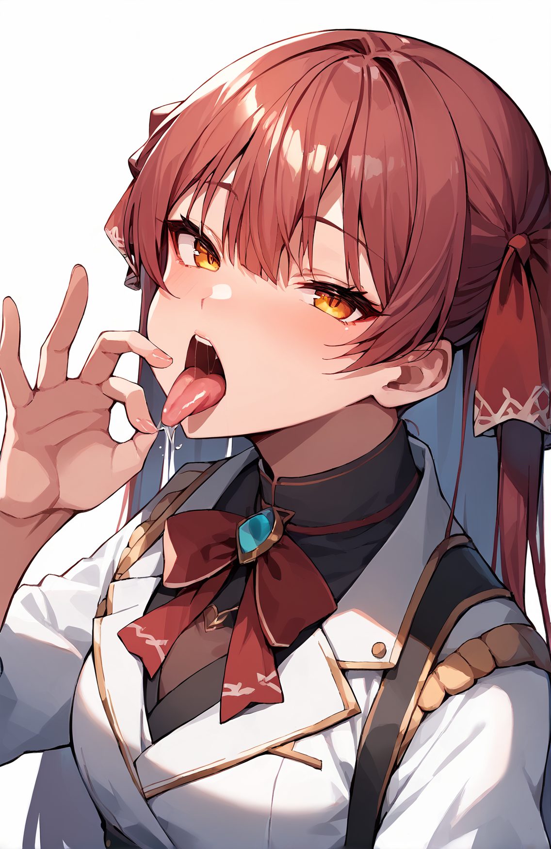 1girl, solo, fellatio gesture, tongue, houshou marine, virtual youtuber, red hair, looking at viewer, tongue out, heterochromia, open mouth, long hair, yellow eyes, ribbon, upper body, bangs, saliva, hair ribbon, breasts, white jacket, red ribbon, bow, twintails, blush, white background, red eyes, bowtie, red bow, simple background, brooch, oral invitation, jacket, teeth, red bowtie, sexually suggestive, medium breasts, 発情, 赤面, 口, ツインテール, 赤髪, パーカー, 事前, 赤目, 舌, ロングヘア, ぱっつん, フェラ, よだれ, ホロライブ, 宝鐘マリン, バーチャルYouTuber, 舌出し, 口開き, 長い髪, リボン, 前髪, 髪リボン, 赤リボン, ボウ, 赤い目, 中くらいの胸