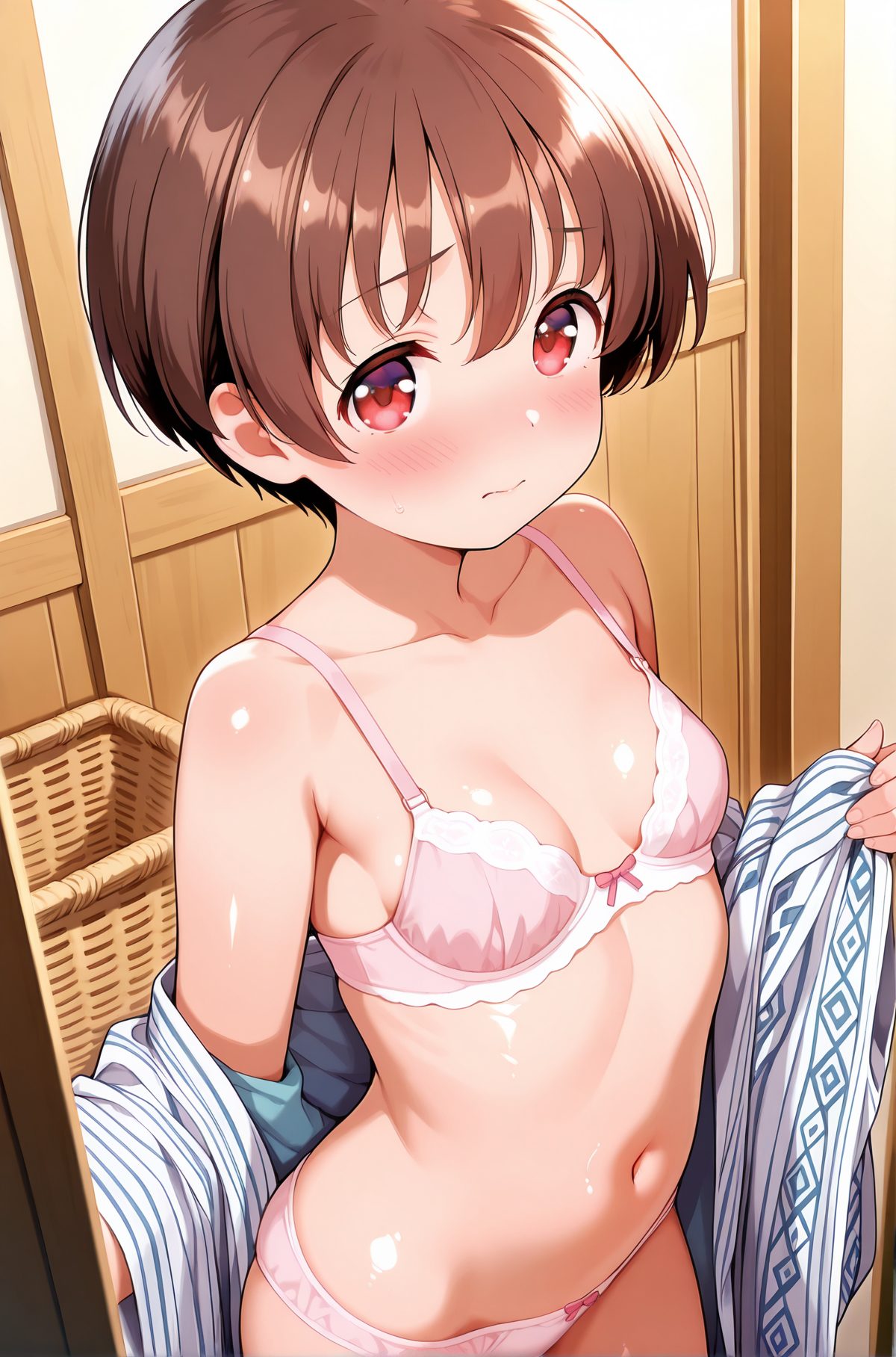 sensitive, 1girl, solo, breasts, looking_at_viewer, blush, short_hair, bangs, brown_hair, red_eyes, bow, navel, bare_shoulders, closed_mouth, underwear, collarbone, panties, sweat, small_breasts, japanese_clothes, shiny, indoors, kimono, off_shoulder, stomach, bra, underwear_only, undressing, pink_panties, bow_panties, yukata, pink_bra, bow_bra, open_kimono, bath_yukata, 赤面, 短い髪, 前髪, 茶髪, 赤い目, ボウ, 肩出し, 口閉じ, 下着, 鎖骨, パンツ, 汗, 小さな胸, 和服, 光沢, ブラ, 脱衣・着替え, 宮永咲
