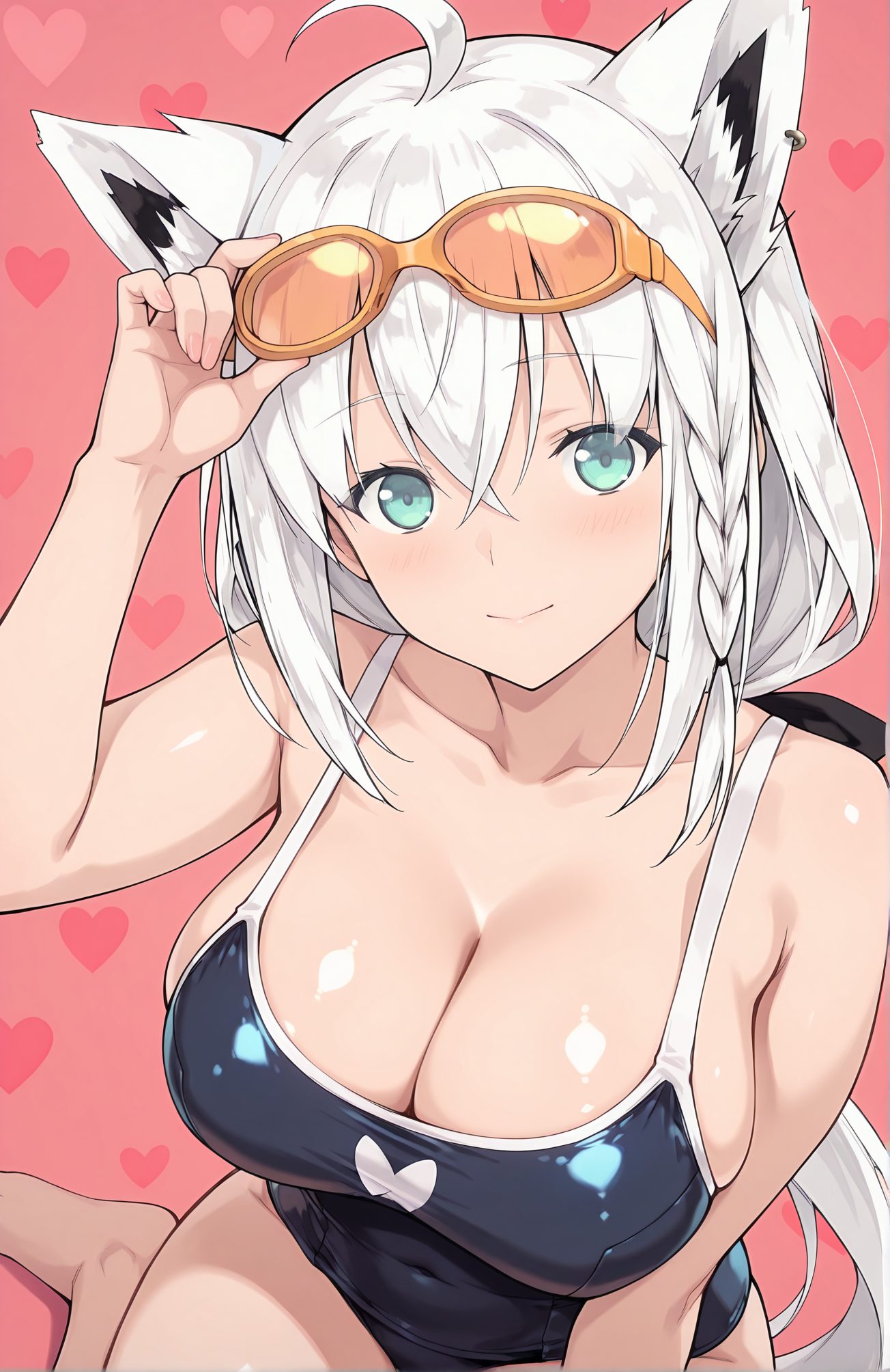 sensitive, 1girl, solo, long_hair, breasts, looking_at_viewer, blush, smile, bangs, large_breasts, animal_ears, cleavage, hair_between_eyes, sitting, closed_mouth, collarbone, swimsuit, braid, ahoge, white_hair, heart, virtual_youtuber, aqua_eyes, animal_ear_fluff, one-piece_swimsuit, fox_ears, covered_navel, pink_background, sunglasses, school_swimsuit, fox_girl, eyewear_on_head, side_braid, blue_one-piece_swimsuit, adjusting_eyewear, competition_school_swimsuit, hand_on_eyewear, shirakami_fubuki, 長い髪, 赤面, 笑顔, 前髪, 大きな胸, 動物耳, 目にかかる髪, 座り, 口閉じ, 鎖骨, 水着, アホ毛, 白髪, バーチャルYouTuber, ワンピース水着, 学校水着, 競泳用スクール水着, 白上フブキ