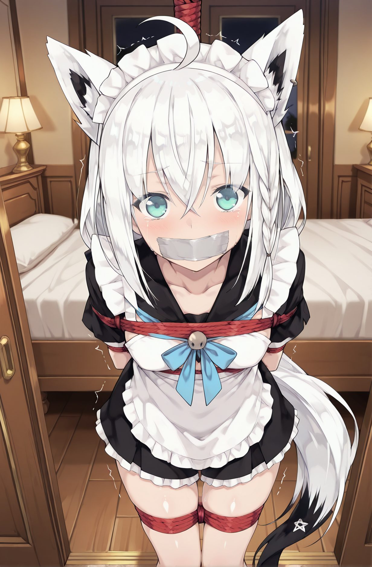 questionable, 1girl, solo, long_hair, breasts, looking_at_viewer, blush, bangs, dress, bow, animal_ears, hair_between_eyes, jewelry, green_eyes, standing, collarbone, tail, braid, ahoge, white_hair, short_sleeves, sidelocks, earrings, frills, alternate_costume, puffy_sleeves, indoors, virtual_youtuber, tears, apron, black_dress, aqua_eyes, puffy_short_sleeves, animal_ear_fluff, maid, maid_headdress, fox_ears, single_braid, bell, bed, fox_tail, on_bed, blue_bow, arms_behind_back, bound, trembling, bdsm, bondage, fox_girl, rope, side_braid, restrained, maid_apron, lantern, enmaided, gag, gagged, lamp, shibari, bedroom, bound_arms, tape, red_rope, improvised_gag, crotch_rope, shibari_over_clothes, ceiling_light, tape_gag, shirakami_fubuki, 長い髪, 赤面, 前髪, ボウ, 動物耳, 目にかかる髪, ジュエリー, 緑の目, 鎖骨, アホ毛, 白髪, サイドロック, イヤリング, バーチャルYouTuber, 涙, 震え, 拘束, 白上フブキ