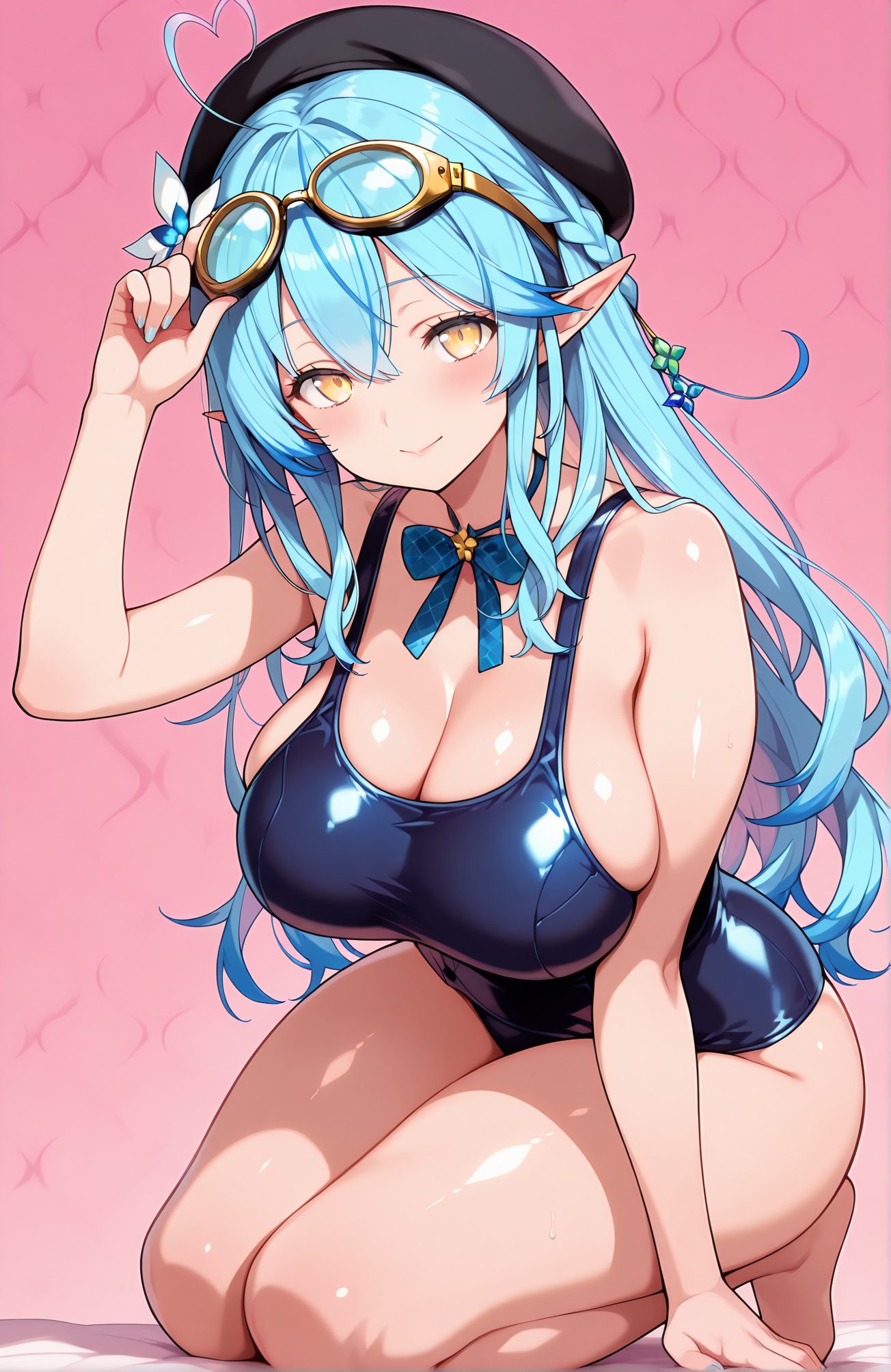 sensitive, 1girl, solo, long_hair, breasts, looking_at_viewer, blush, smile, bangs, large_breasts, hair_ornament, hat, bow, cleavage, hair_between_eyes, bare_shoulders, sitting, closed_mouth, blue_hair, swimsuit, yellow_eyes, braid, flower, ahoge, heart, thighs, multicolored_hair, barefoot, pointy_ears, shiny, virtual_youtuber, hair_flower, bowtie, streaked_hair, one-piece_swimsuit, shiny_skin, bare_arms, skindentation, beret, pink_background, school_swimsuit, goggles, elf, seiza, goggles_on_head, shiny_clothes, blue_one-piece_swimsuit, blue_bowtie, colored_tips, heart_ahoge, yukihana_lamy, 長い髪, 赤面, 笑顔, 前髪, 大きな胸, 髪飾り, 帽子, ボウ, 目にかかる髪, 肩出し, 座り, 口閉じ, 青髪, 水着, アホ毛, 多色髪, 光沢, バーチャルYouTuber, 髪の花, ワンピース水着, 光沢肌, ベレー帽, 学校水着, 雪花ラミィ