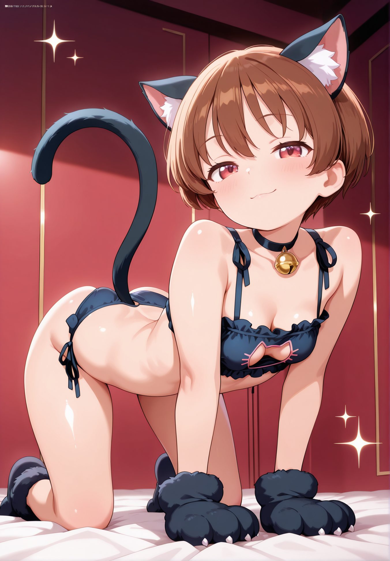 sensitive, 1girl, solo, breasts, looking_at_viewer, blush, smile, short_hair, bangs, brown_hair, red_eyes, gloves, animal_ears, cleavage, closed_mouth, underwear, collarbone, panties, tail, ass, small_breasts, frills, choker, cat_ears, bra, cat_tail, animal_ear_fluff, black_panties, clothing_cutout, bell, :3, black_choker, cleavage_cutout, underwear_only, all_fours, black_bra, side-tie_panties, jingle_bell, neck_bell, animal_hands, meme_attire, paw_gloves, blue_bra, frilled_bra, cat_cutout, cat_lingerie, 赤面, 笑顔, 短い髪, 前髪, 茶髪, 赤い目, 手袋, 動物耳, 口閉じ, 下着, 鎖骨, パンツ, 小さな胸, チョーカー, ブラ, 黒チョーカー, 四つん這い, 猫ランジェリー, 宮永咲