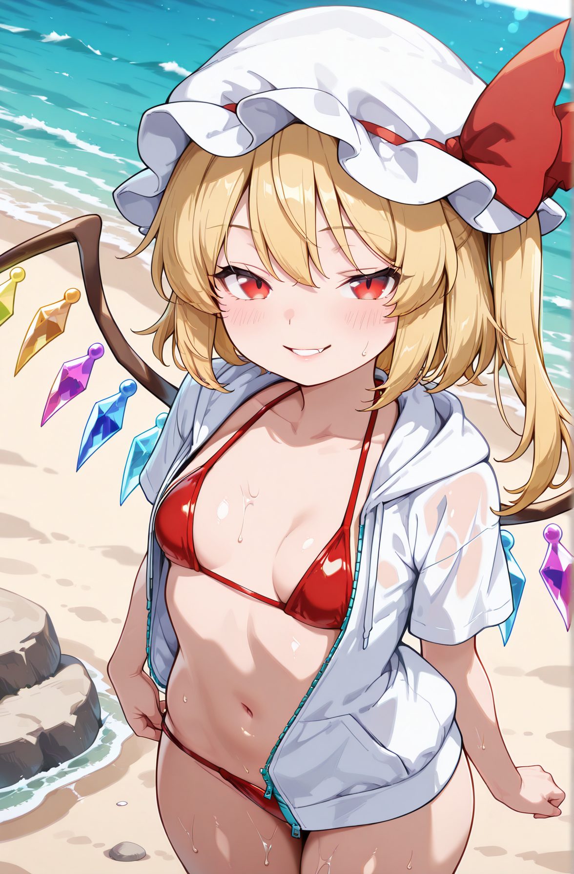 sensitive, 1girl, solo, breasts, looking_at_viewer, blush, smile, short_hair, bangs, blonde_hair, red_eyes, hat, ribbon, navel, standing, collarbone, jacket, swimsuit, short_sleeves, bikini, cowboy_shot, small_breasts, outdoors, parted_lips, open_clothes, wings, day, hood, water, stomach, grin, open_jacket, red_ribbon, wet, ocean, white_headwear, one_side_up, beach, mob_cap, white_jacket, hat_ribbon, hooded_jacket, red_bikini, crystal, sand, flandre_scarlet, 赤面, 笑顔, 短い髪, 前髪, 金髪, 赤い目, 帽子, リボン, 鎖骨, 水着, ビキニ, 小さな胸, 衣服開く, 赤リボン, 白頭飾, 片側アップ, モブキャップ, 帽子リボン, フランドール・スカーレット